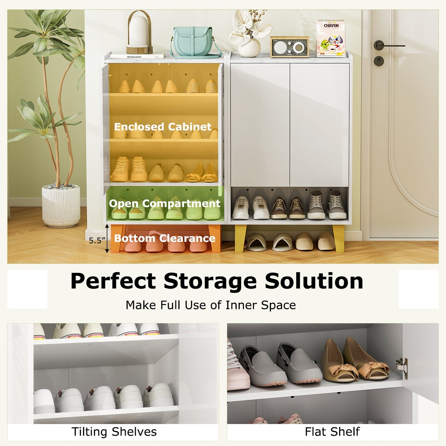 5-Tier Shoe Cabinet with Faux Marble Countertop and Flat Tilting Shelves-White Kids Crystal