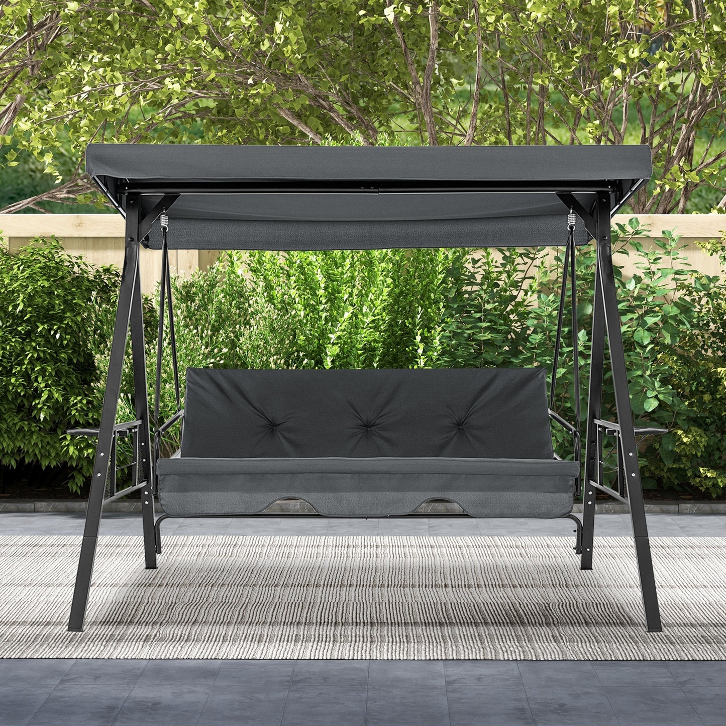 Convertible 3-Seat Patio Porch Swing Chair to Flat Bed with Adjustable Canopy-Gray Kids Crystal