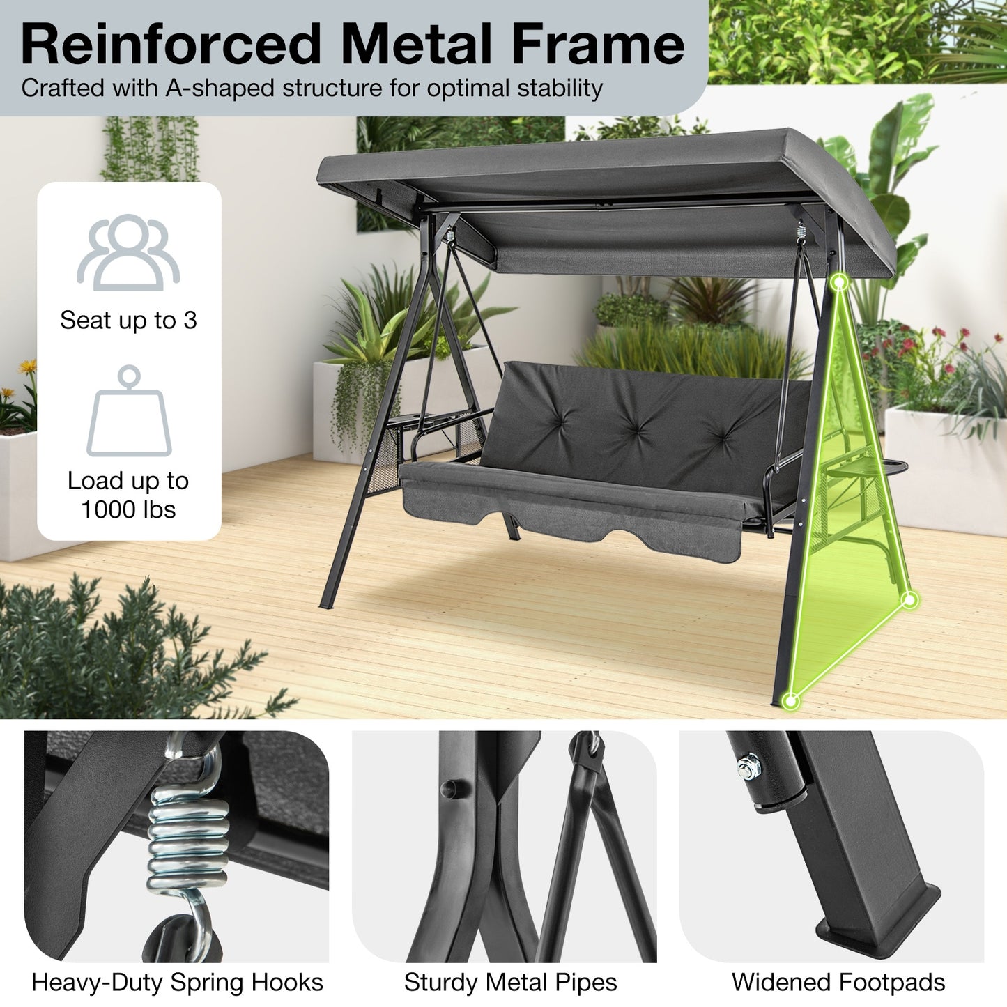 Convertible 3-Seat Patio Porch Swing Chair to Flat Bed with Adjustable Canopy-Gray Kids Crystal