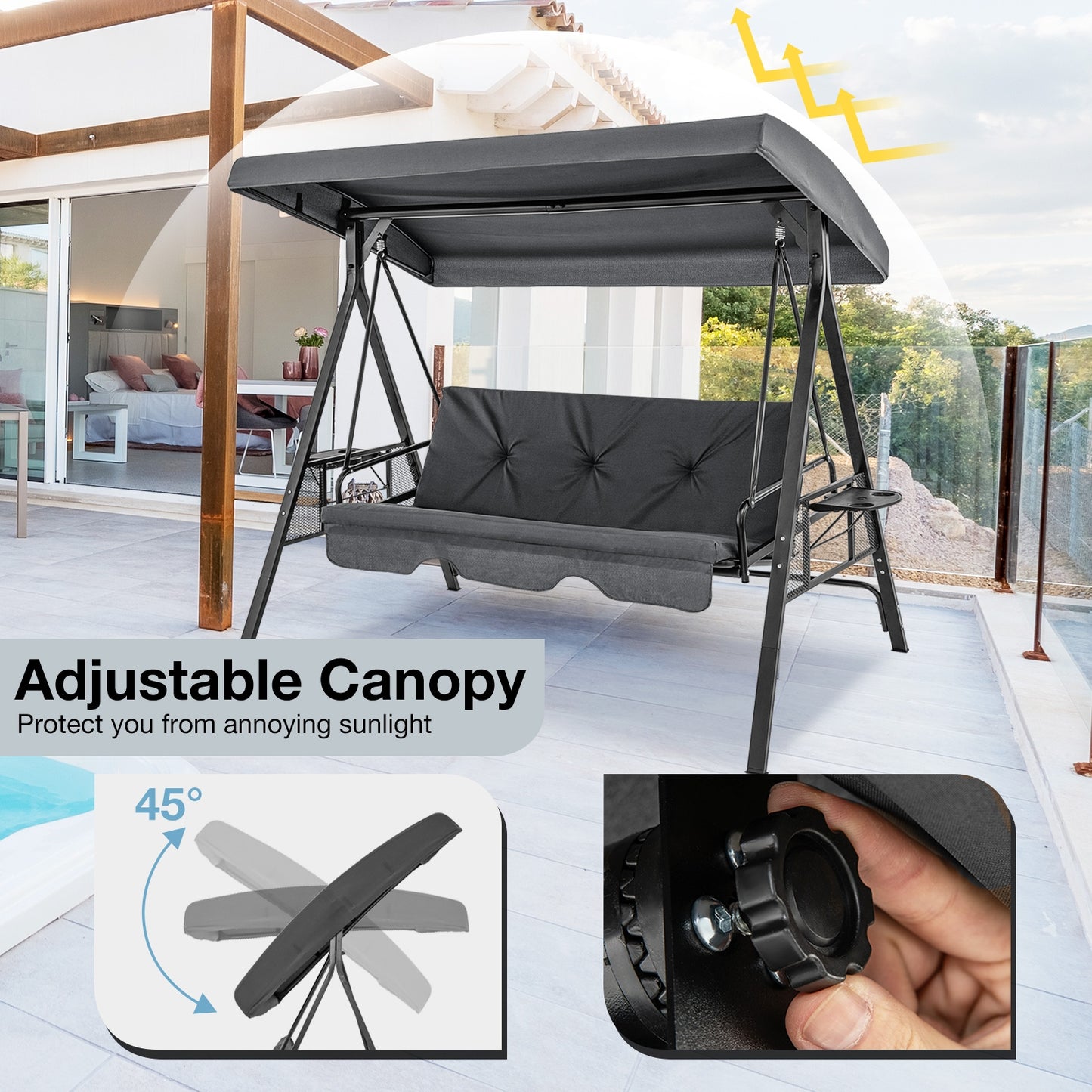 Convertible 3-Seat Patio Porch Swing Chair to Flat Bed with Adjustable Canopy-Gray Kids Crystal