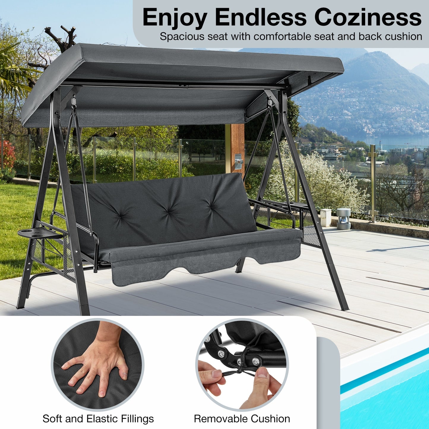 Convertible 3-Seat Patio Porch Swing Chair to Flat Bed with Adjustable Canopy-Gray Kids Crystal