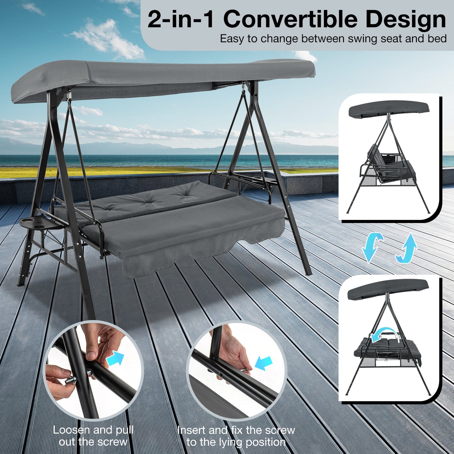 Convertible 3-Seat Patio Porch Swing Chair to Flat Bed with Adjustable Canopy-Gray Kids Crystal