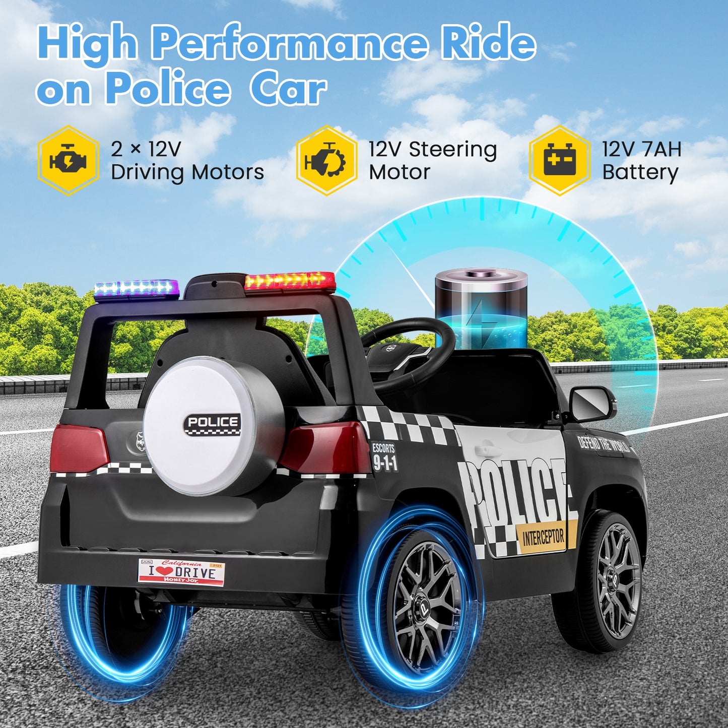 12V Kids Ride on Police Car with Remote and Siren Flashing Lights-White