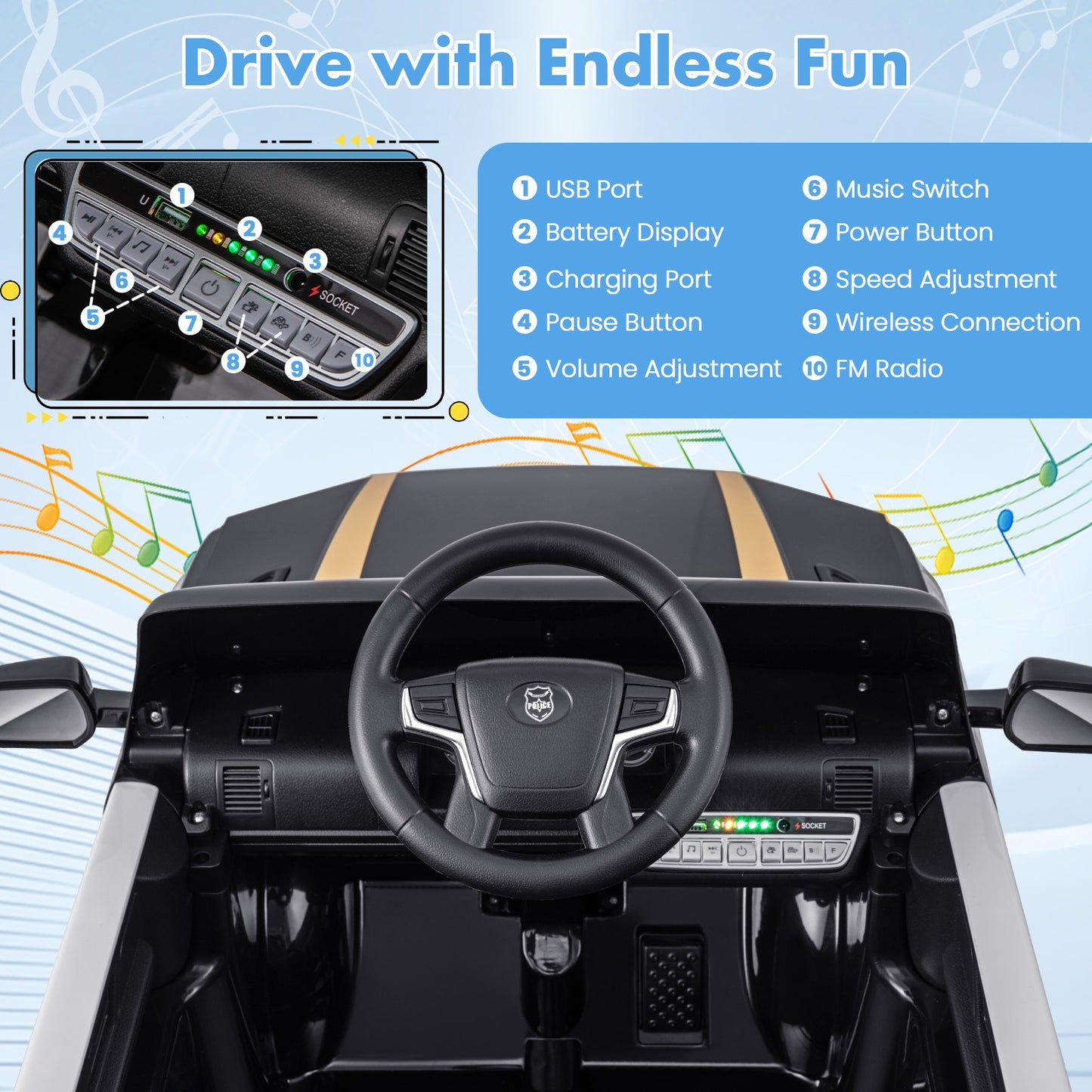 12V Kids Ride on Police Car with Remote and Siren Flashing Lights-Black