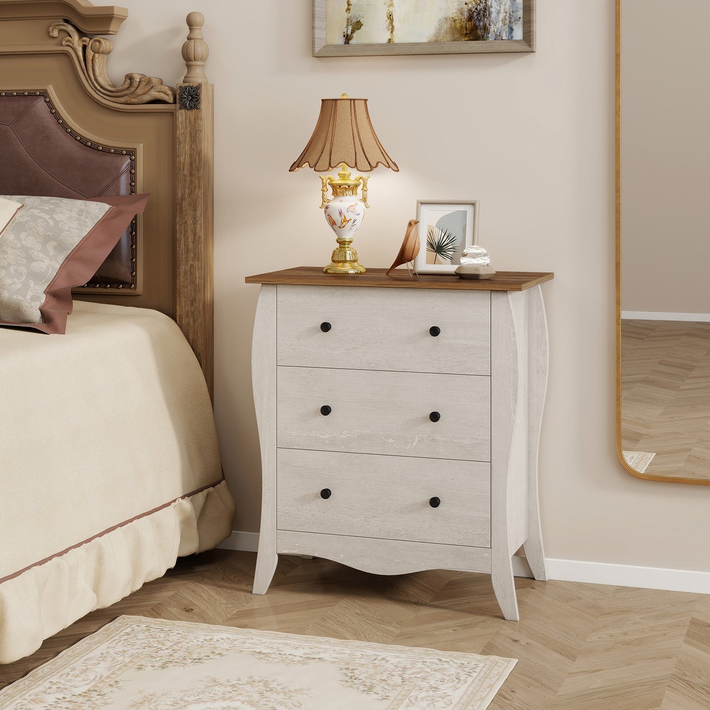 Dresser for Bedroom with 3 Folding Fabric Drawers and Anti-tipping Kit-Gray