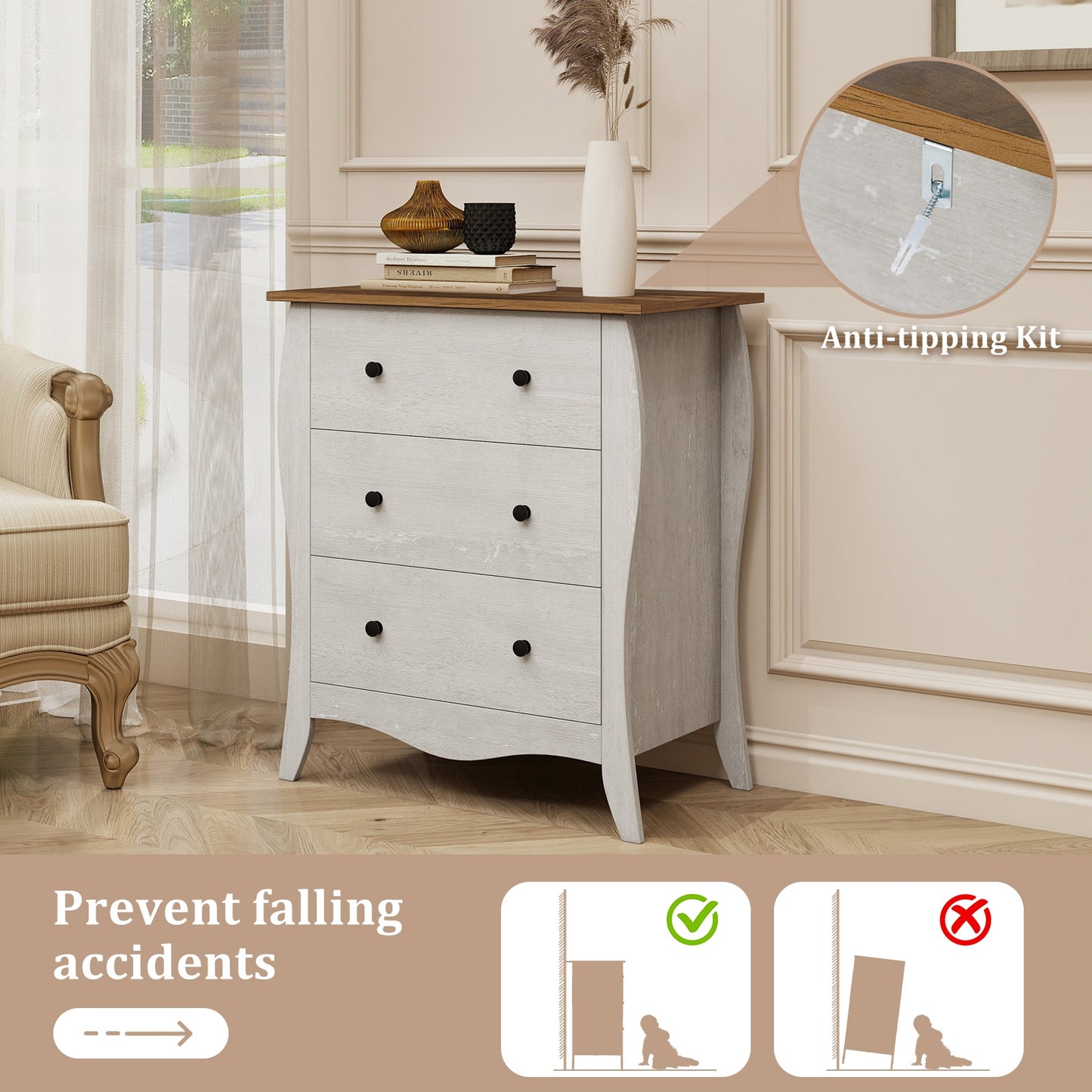 Dresser for Bedroom with 3 Folding Fabric Drawers and Anti-tipping Kit-Gray