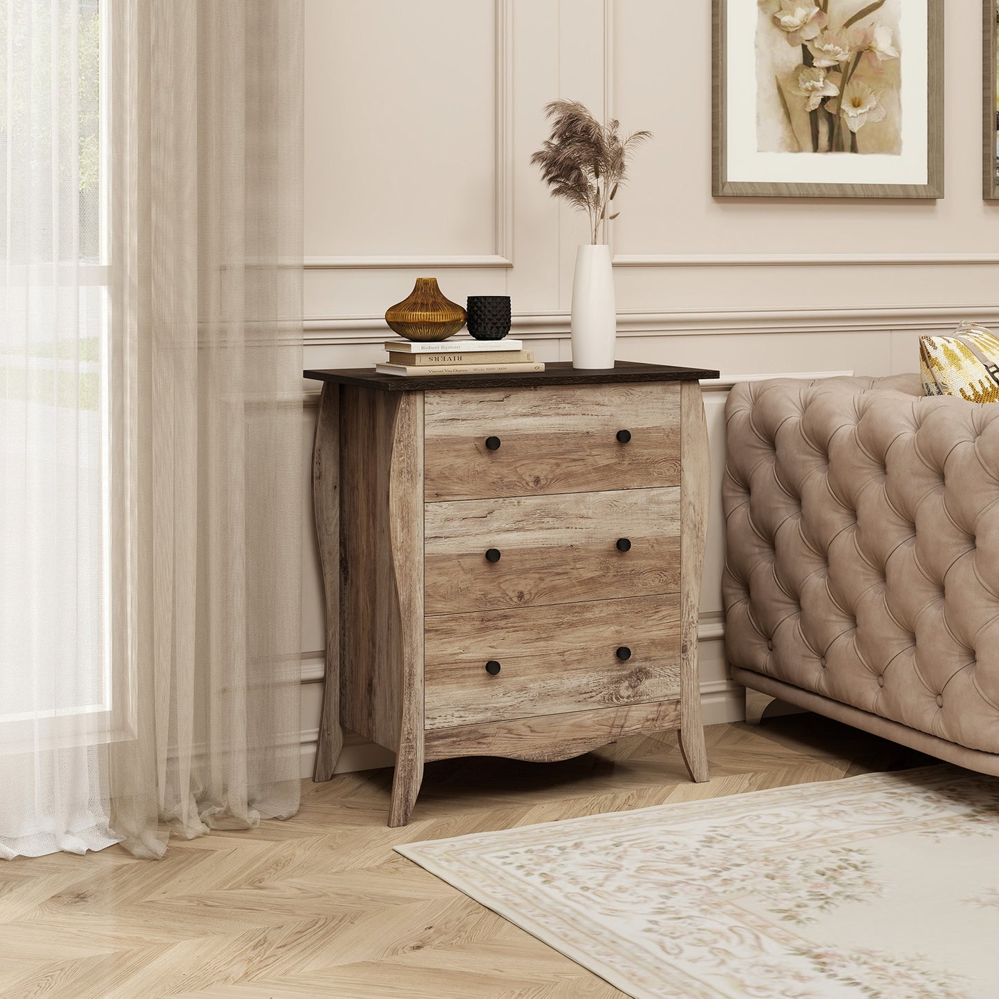 Dresser for Bedroom with 3 Folding Fabric Drawers and Anti-tipping Kit-Brown