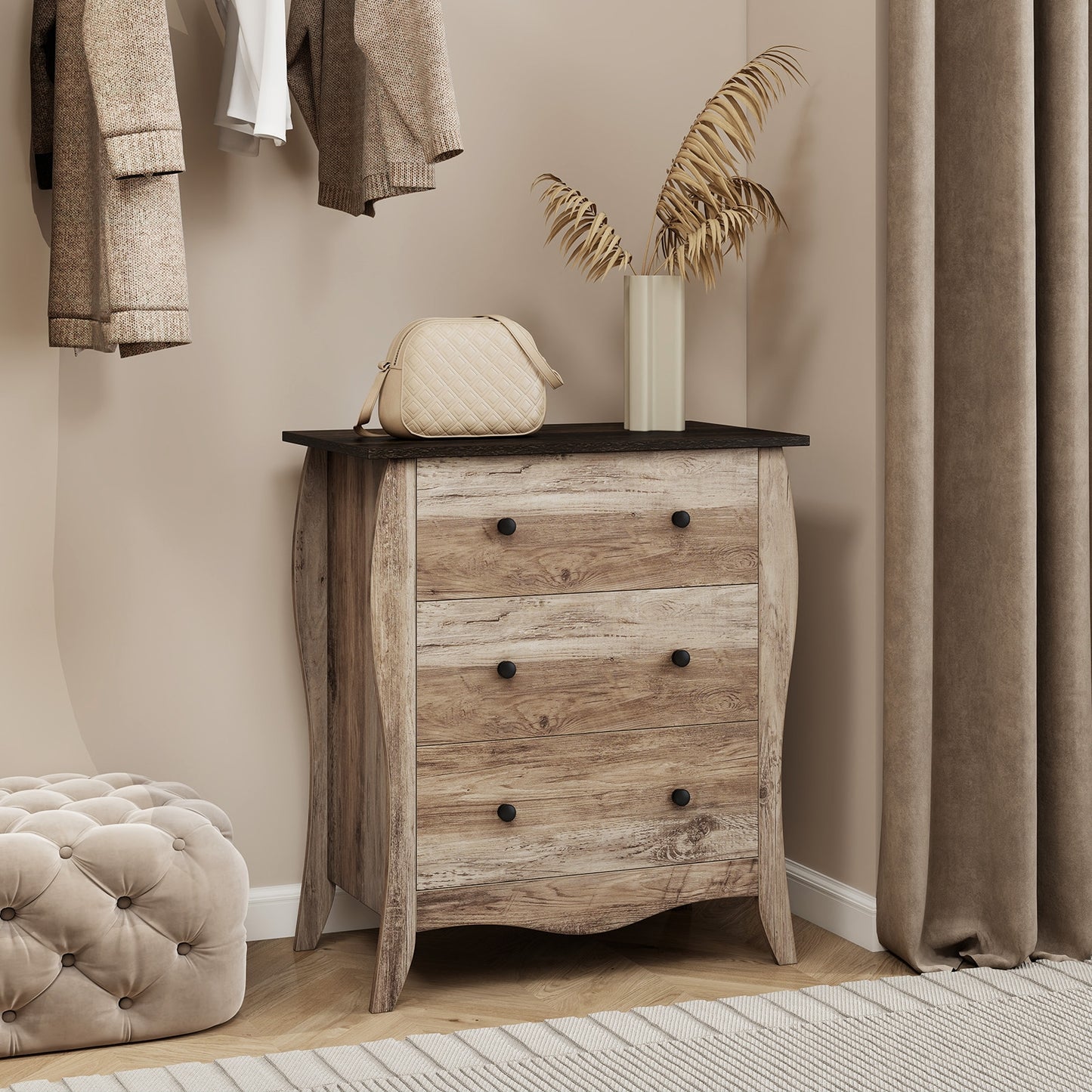 Dresser for Bedroom with 3 Folding Fabric Drawers and Anti-tipping Kit-Brown