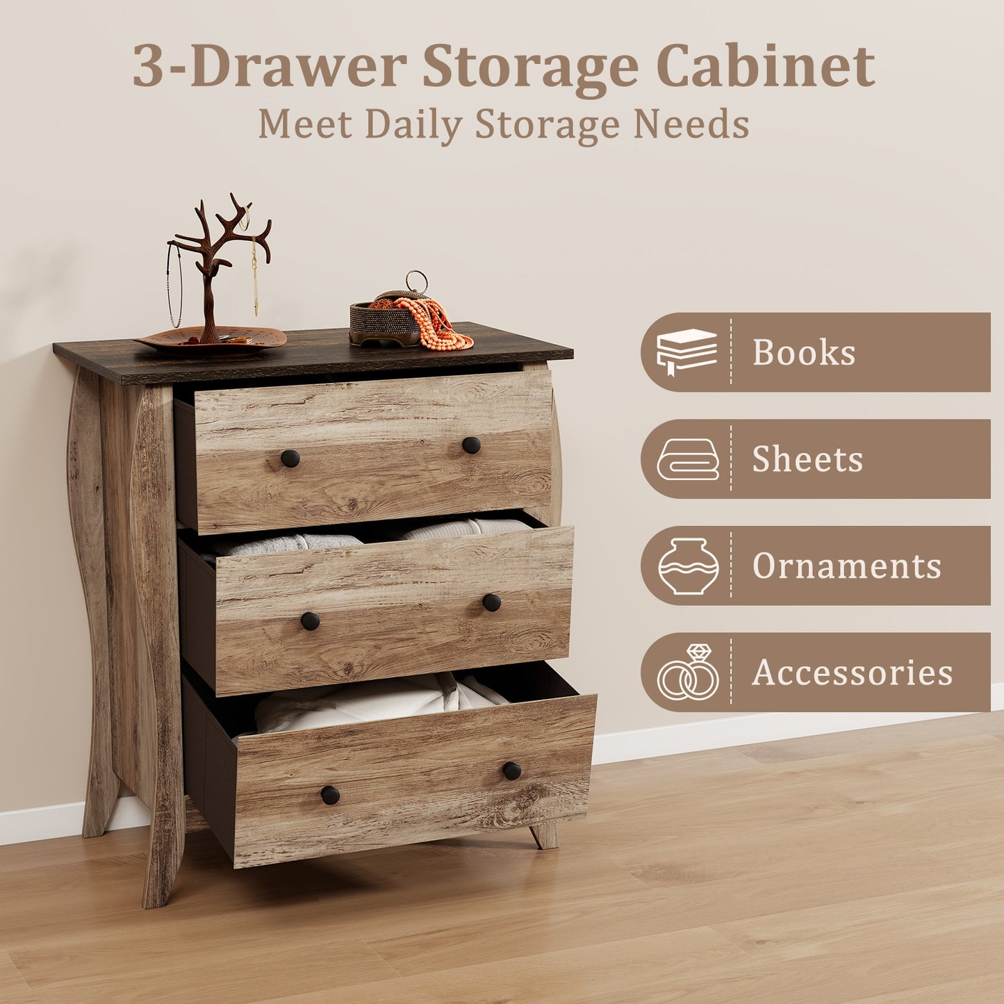 Dresser for Bedroom with 3 Folding Fabric Drawers and Anti-tipping Kit-Brown