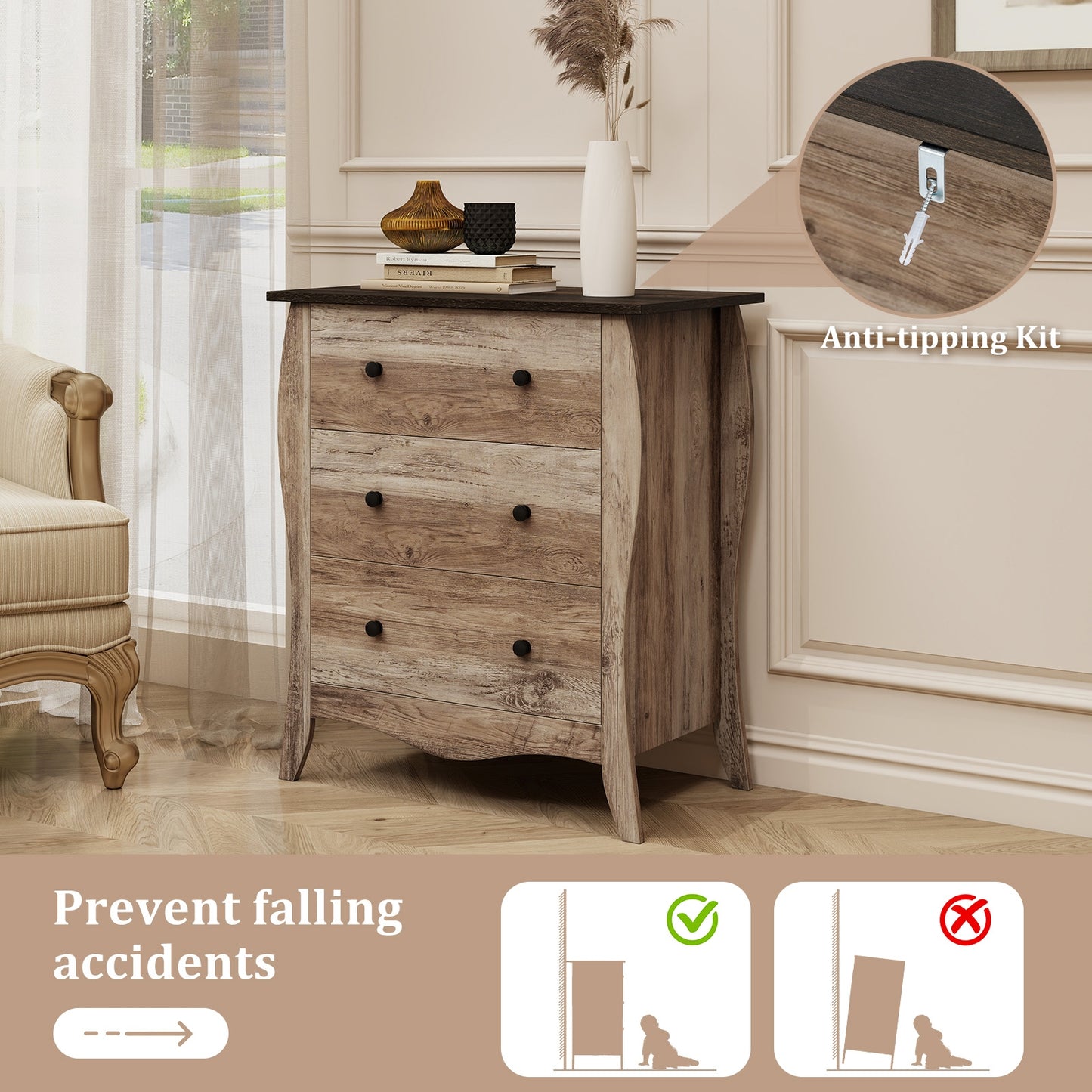 Dresser for Bedroom with 3 Folding Fabric Drawers and Anti-tipping Kit-Brown