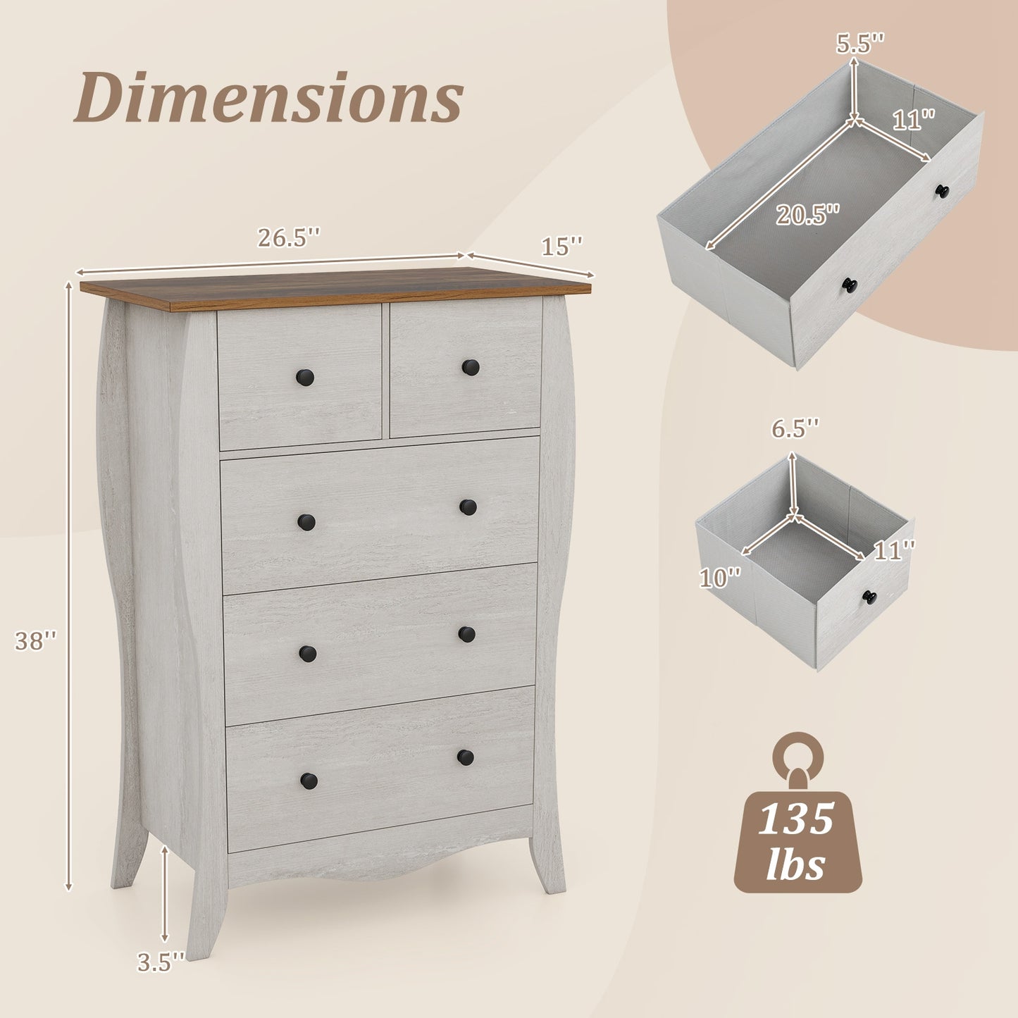 Closet Storage Organizer with 5 Folding Fabric Drawers and Anti-tipping Kit-Gray