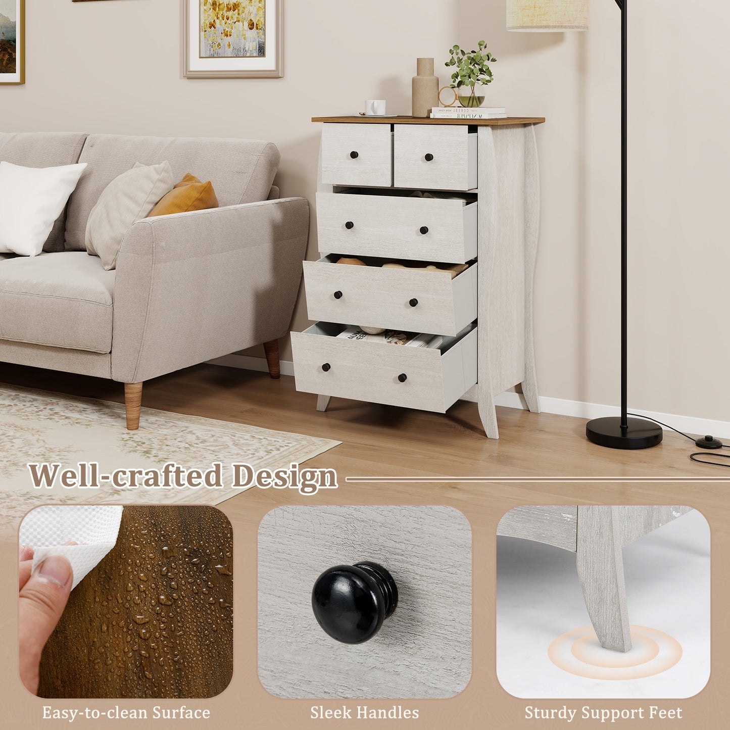 Closet Storage Organizer with 5 Folding Fabric Drawers and Anti-tipping Kit-Gray Kids Crystal