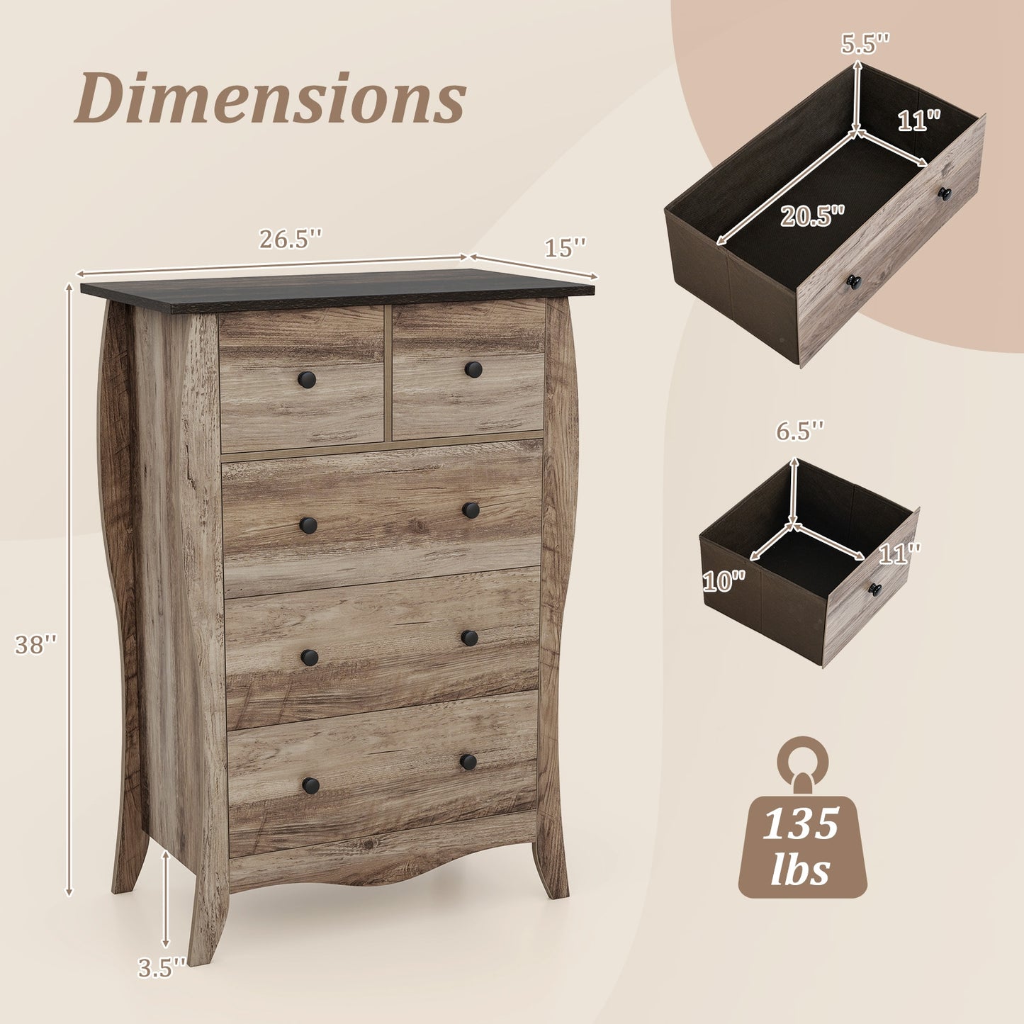 Closet Storage Organizer with 5 Folding Fabric Drawers and Anti-tipping Kit-Brown