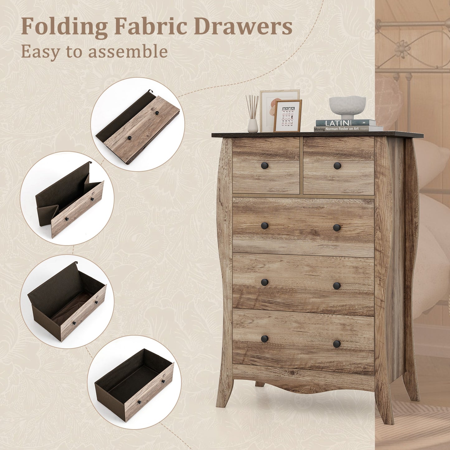 Closet Storage Organizer with 5 Folding Fabric Drawers and Anti-tipping Kit-Brown