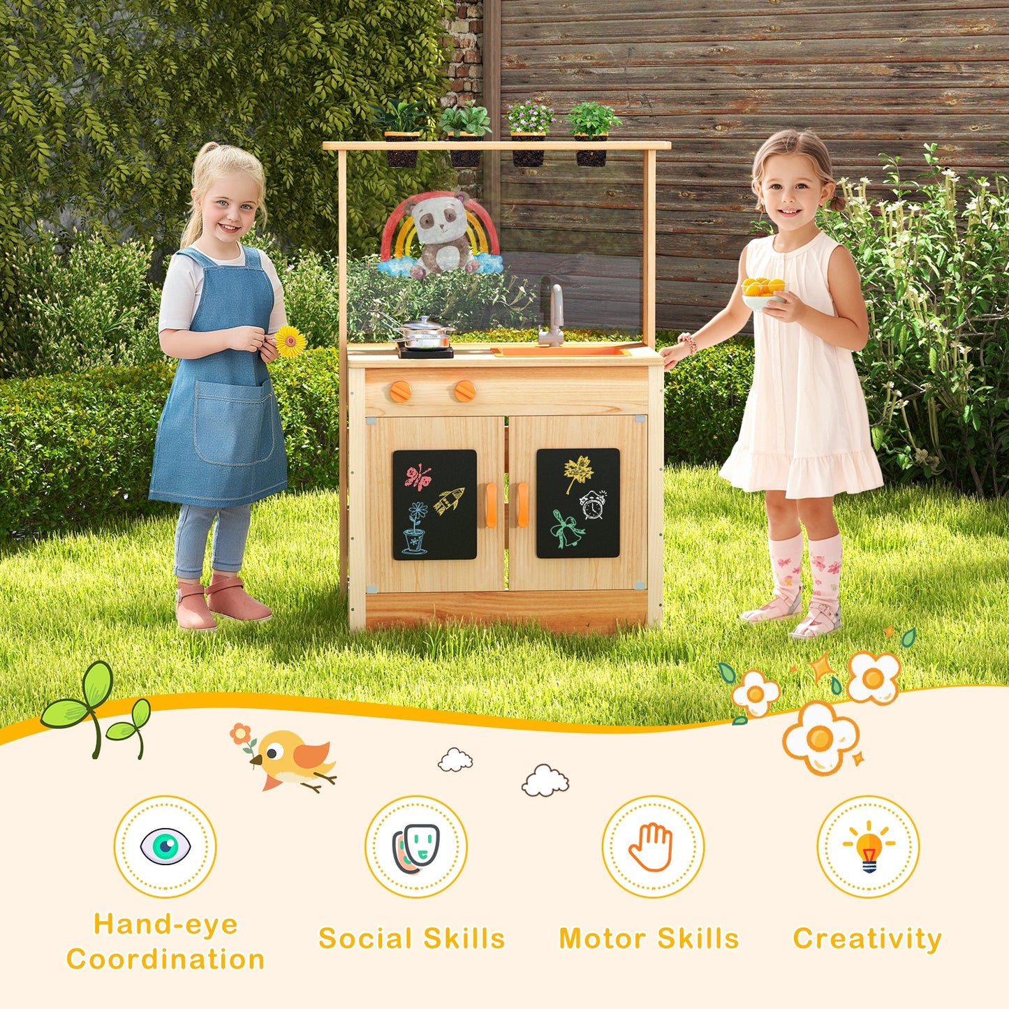 Kids Mud Kitchen Fir Wood Playset with Planting Pots and Blackboards-Natural Kids Crystal