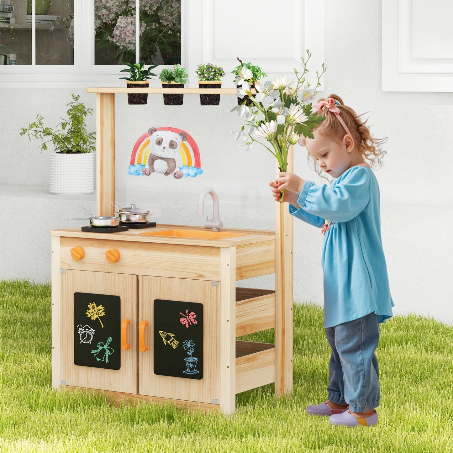 Kids Mud Kitchen Fir Wood Playset with Planting Pots and Blackboards-Natural Kids Crystal