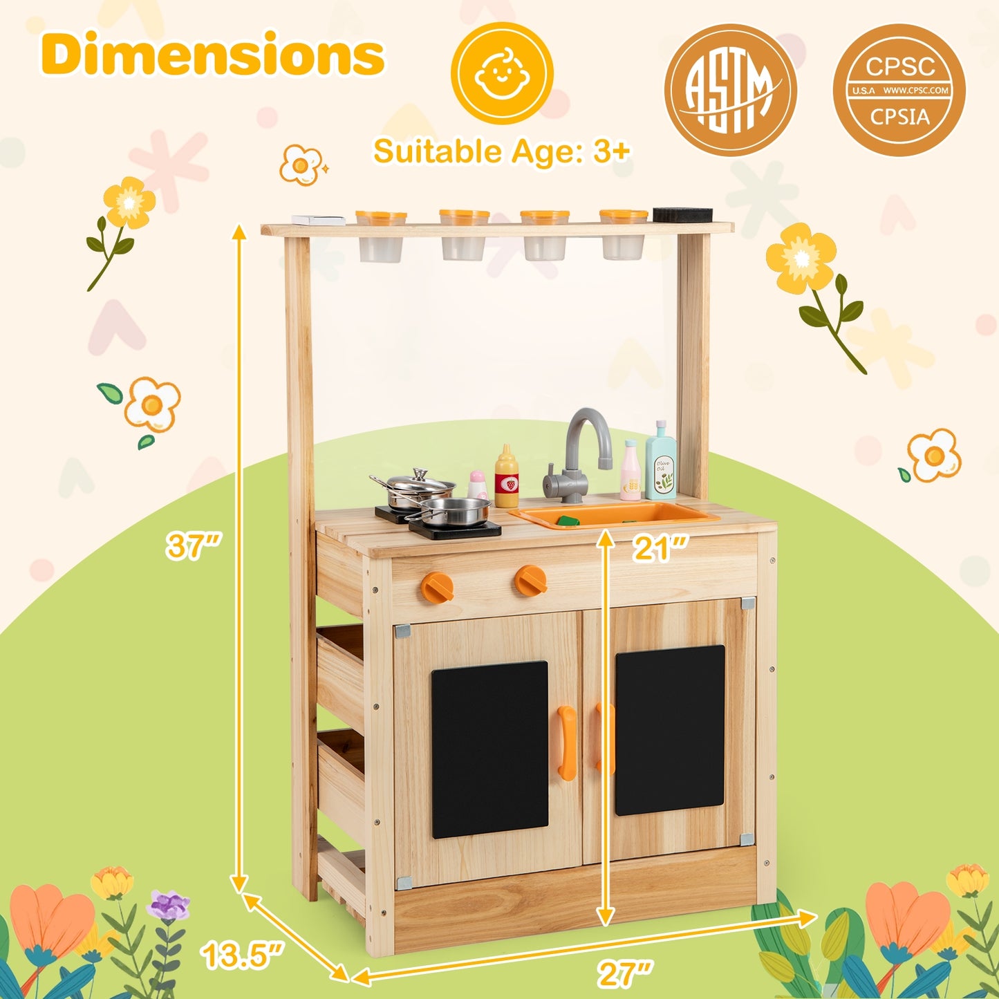 Kids Mud Kitchen Fir Wood Playset with Planting Pots and Blackboards-Natural Kids Crystal