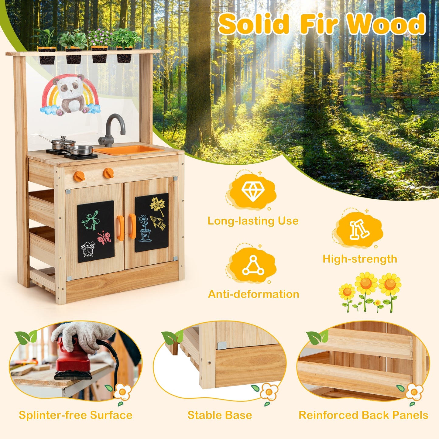 Kids Mud Kitchen Fir Wood Playset with Planting Pots and Blackboards-Natural Kids Crystal