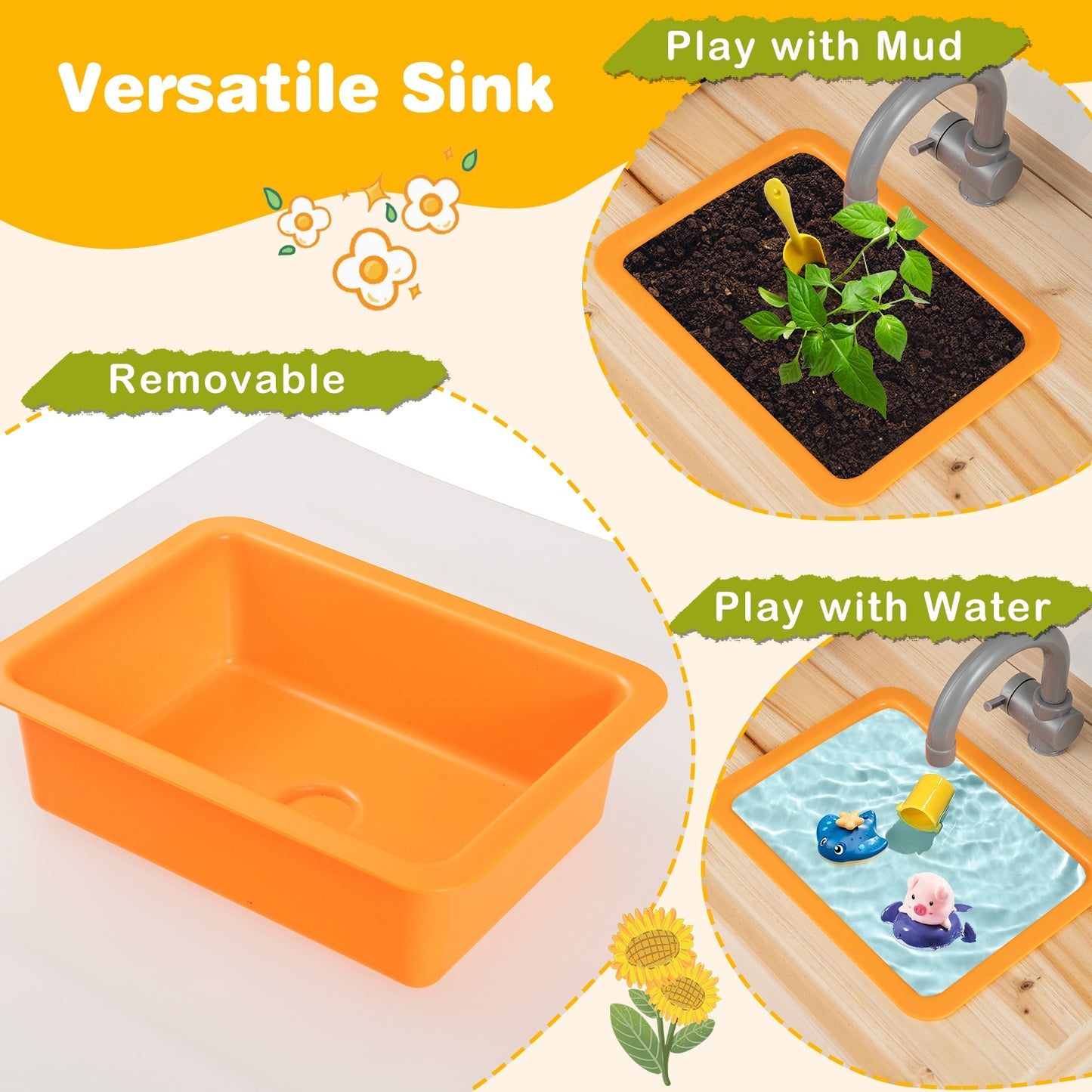 Kids Mud Kitchen Fir Wood Playset with Planting Pots and Blackboards-Natural Kids Crystal
