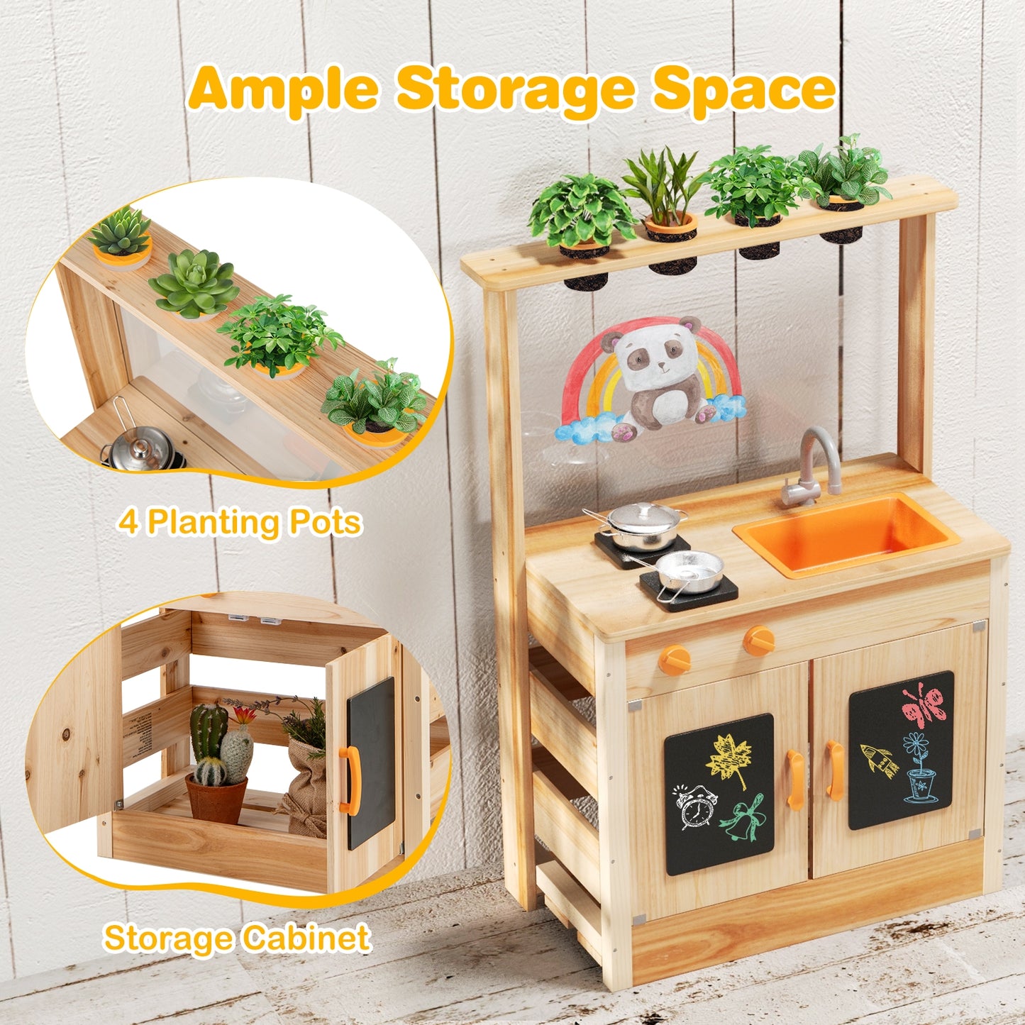 Kids Mud Kitchen Fir Wood Playset with Planting Pots and Blackboards-Natural Kids Crystal