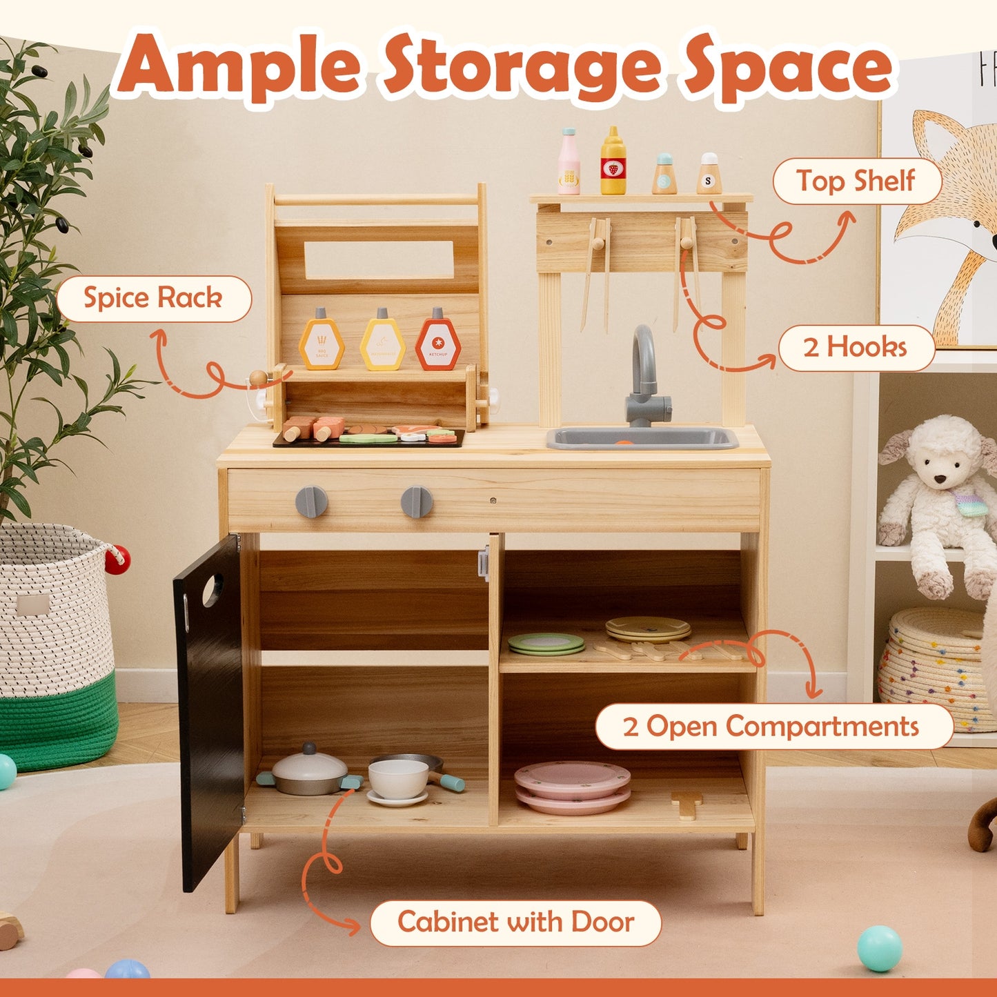 Wooden Barbecue Grill Playset with Chalkboard and Sink and Cabinet-Natural Kids Crystal