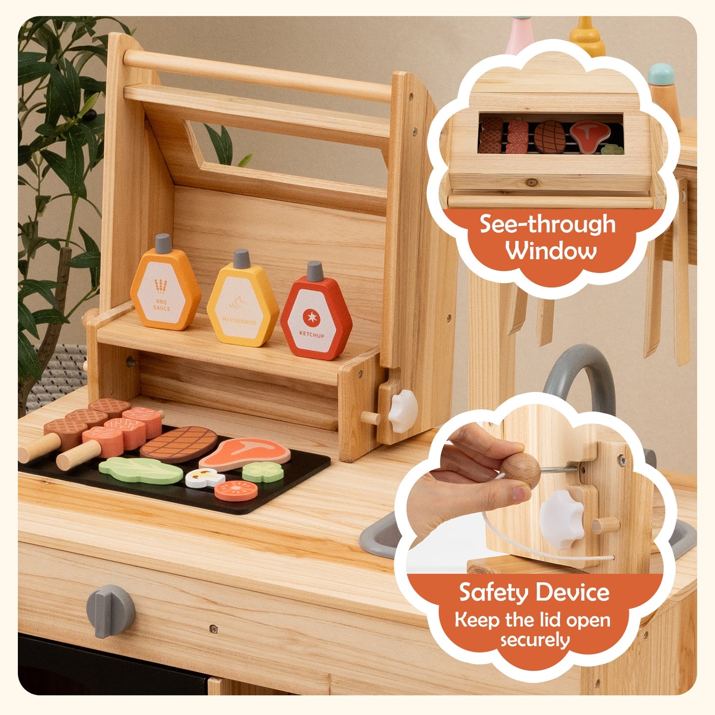 Wooden Barbecue Grill Playset with Chalkboard and Sink and Cabinet-Natural Kids Crystal