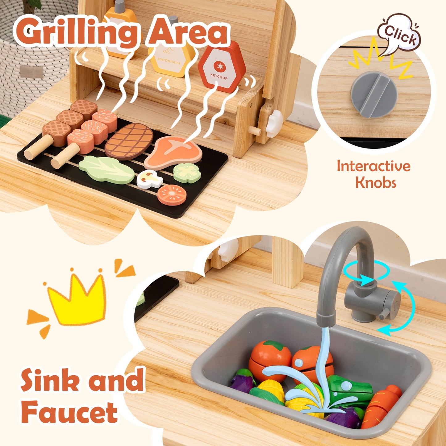Wooden Barbecue Grill Playset with Chalkboard and Sink and Cabinet-Natural Kids Crystal