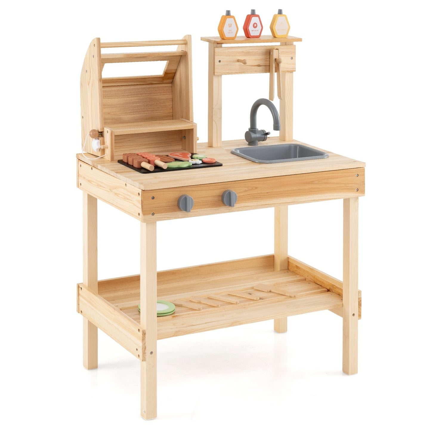 Wooden Barbecue Grill Playset with Play Food and Open Shelves-Natural Kids Crystal