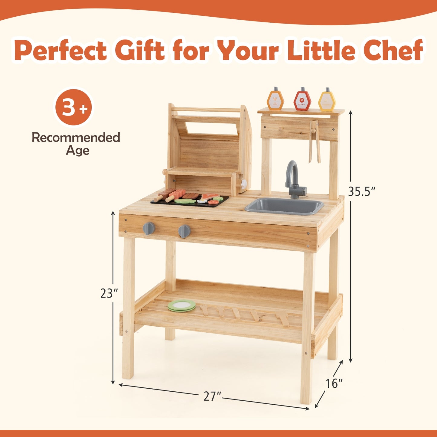 Wooden Barbecue Grill Playset with Play Food and Open Shelves-Natural Kids Crystal