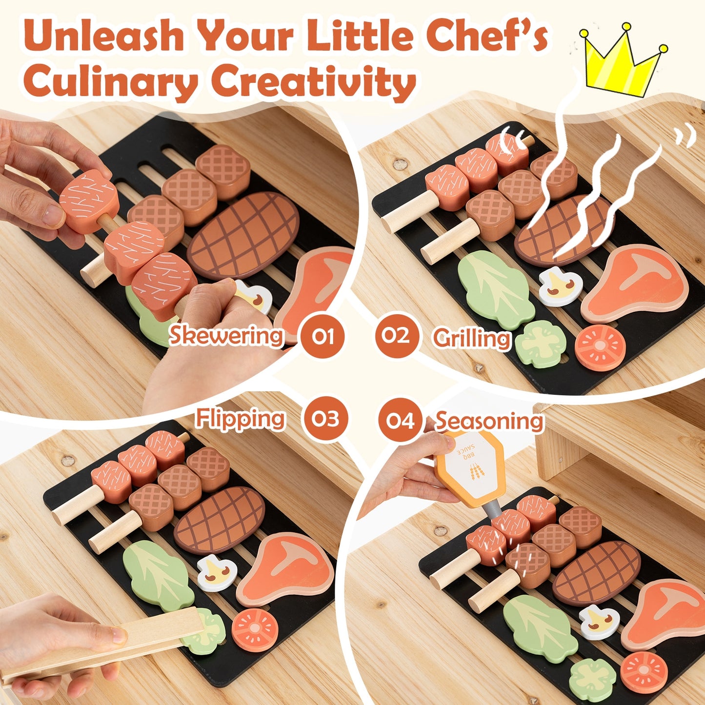 Wooden Barbecue Grill Playset with Play Food and Open Shelves-Natural Kids Crystal