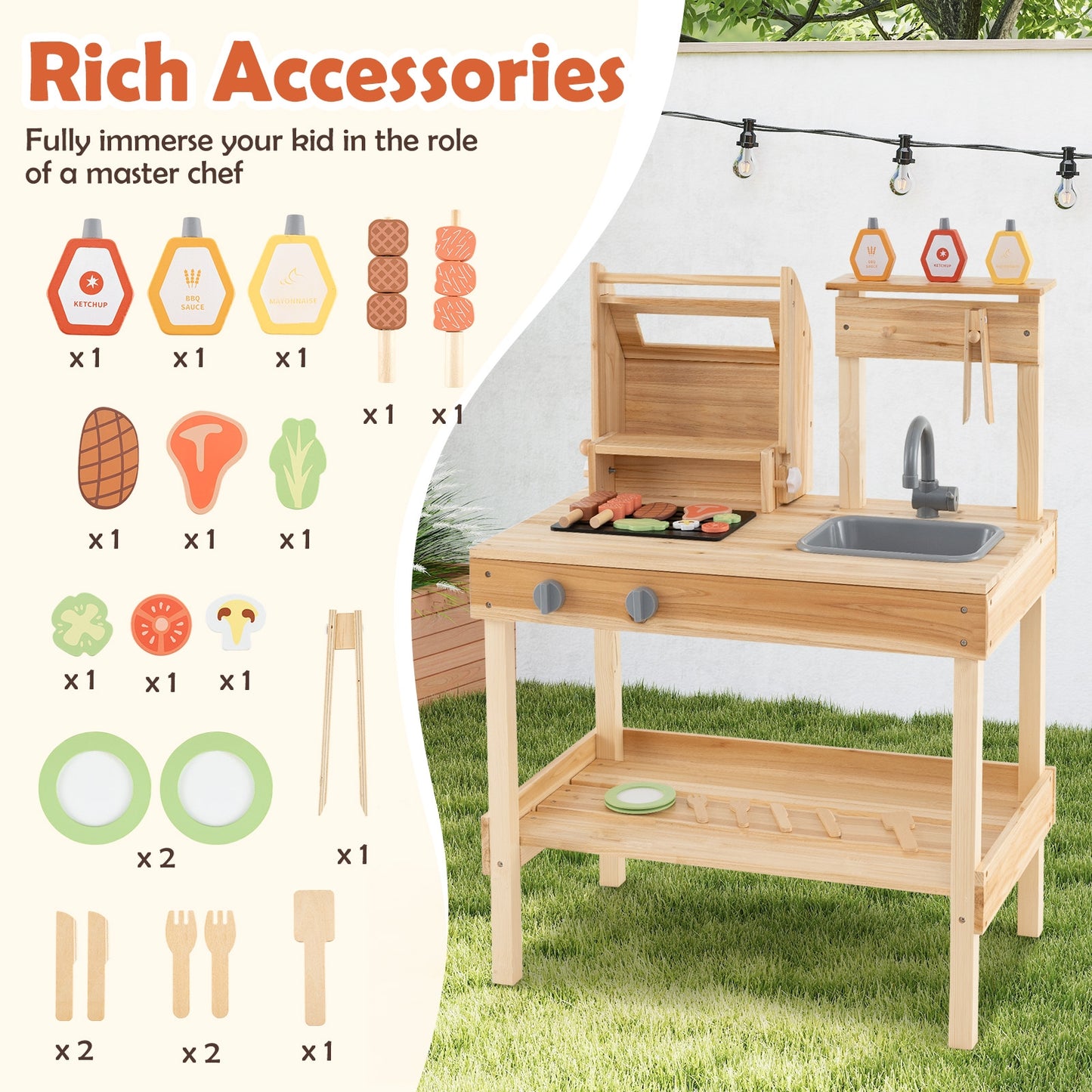 Wooden Barbecue Grill Playset with Play Food and Open Shelves-Natural Kids Crystal