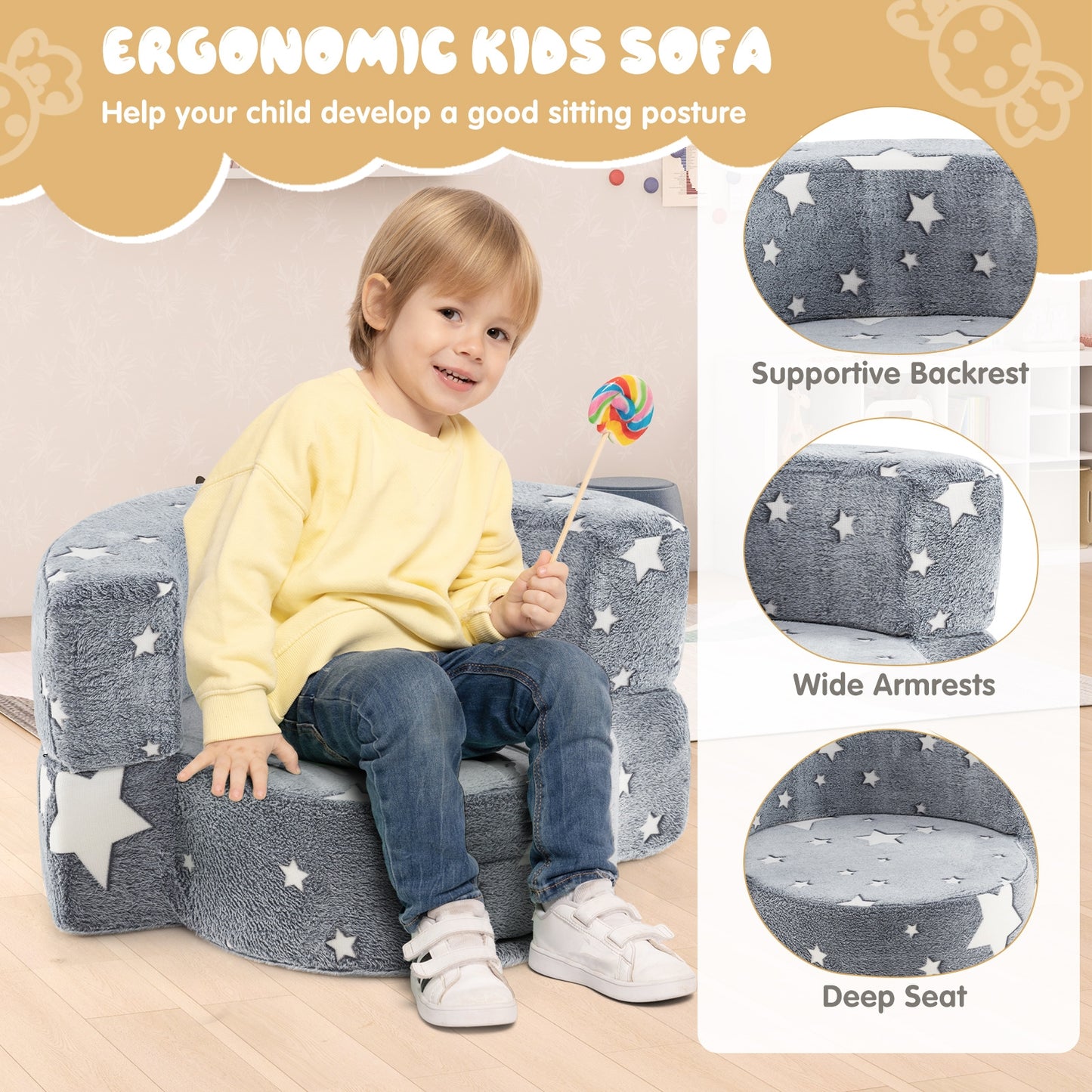 2-in-1 Convertible Glow in the Dark Kids Sofa with Removable Washable Cover-Gray Kids Crystal