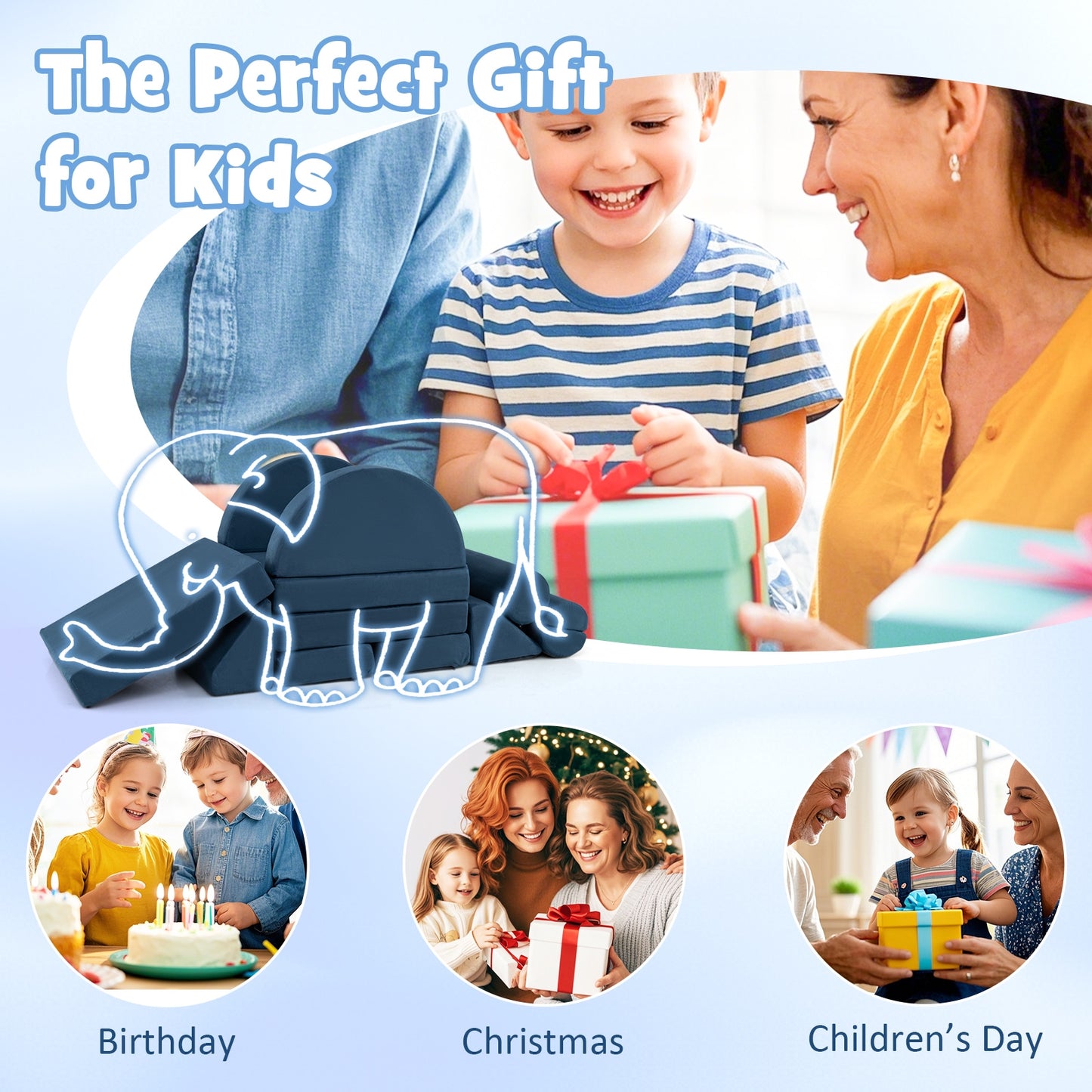 13 Pieces Convertible Modular Kids Play Couch for Nursery Playroom Bedroom-Blue Kids Crystal