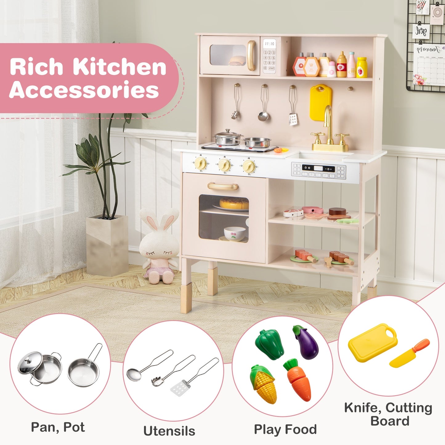 Play Kitchen Height Adjustable with Microwave and Lights and Sounds-Pink Kids Crystal