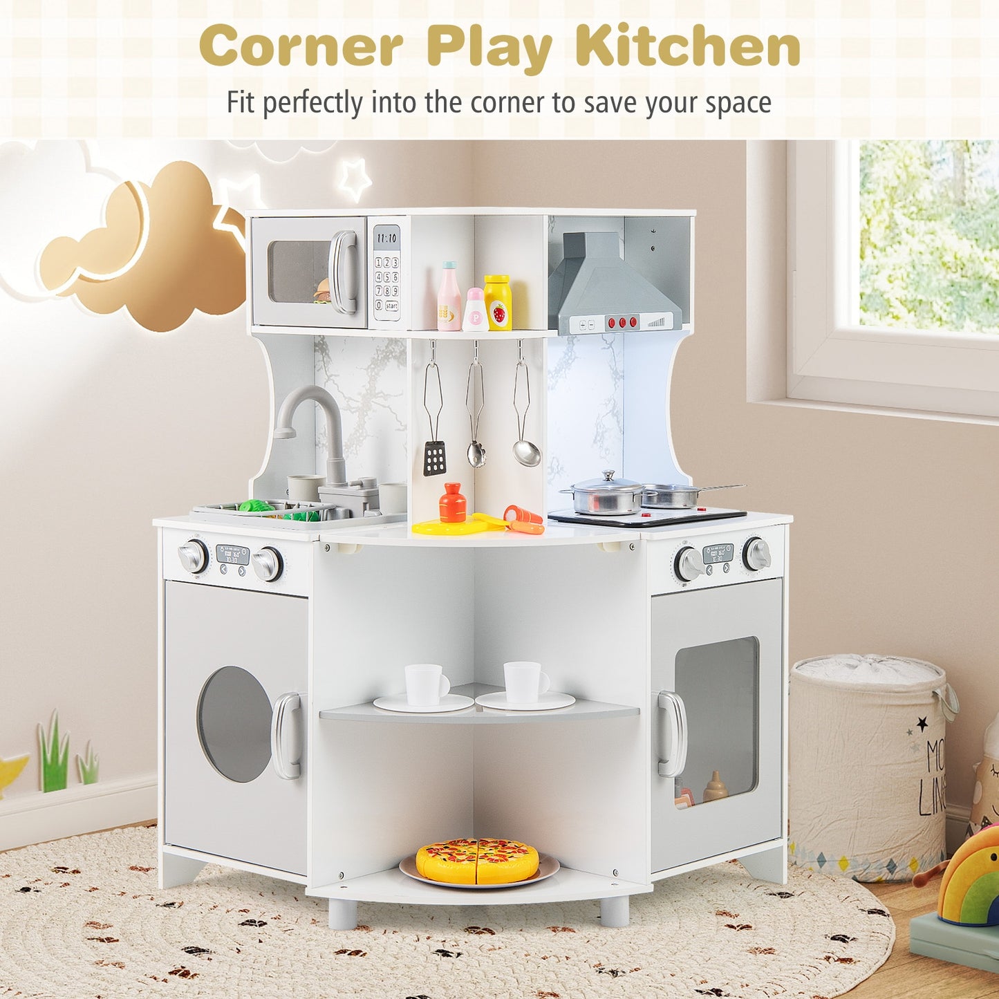 Kids Corner Wooden Play Kitchen with Range Hood and Stoves-Gray Kids Crystal