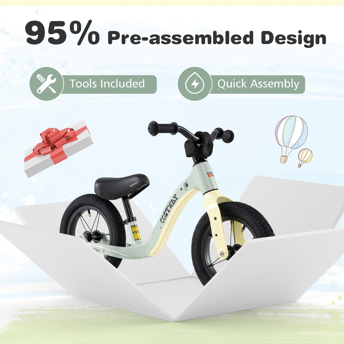 12-Inch Balance Bike with Adjustable Seat and Rotatable Handlebar for Over 36 Months Old-Green Kids Crystal