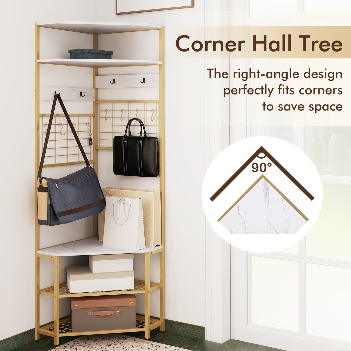 5-Tier Corner Hall Tree with Shoe Storage Bench-White Kids Crystal