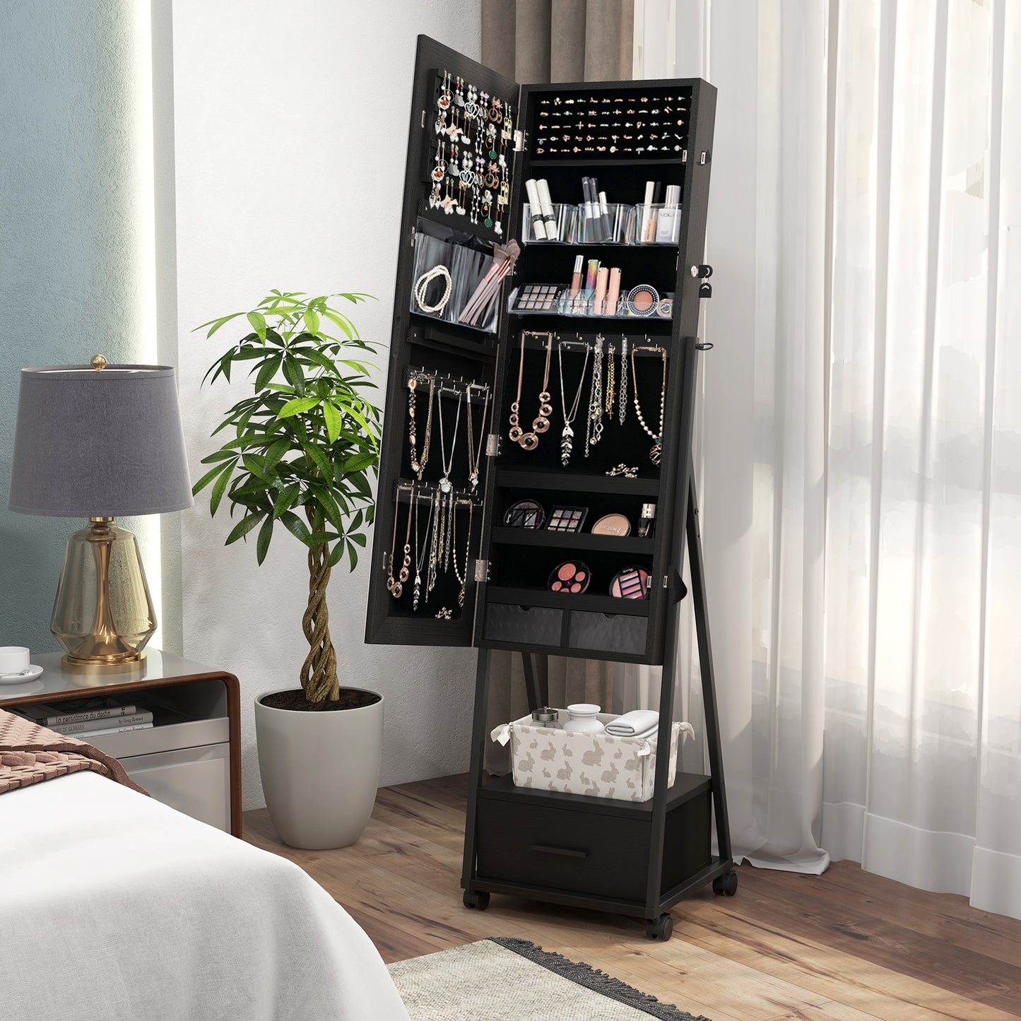 Jewelry Cabinet with Full-Length Mirror-Black Kids Crystal
