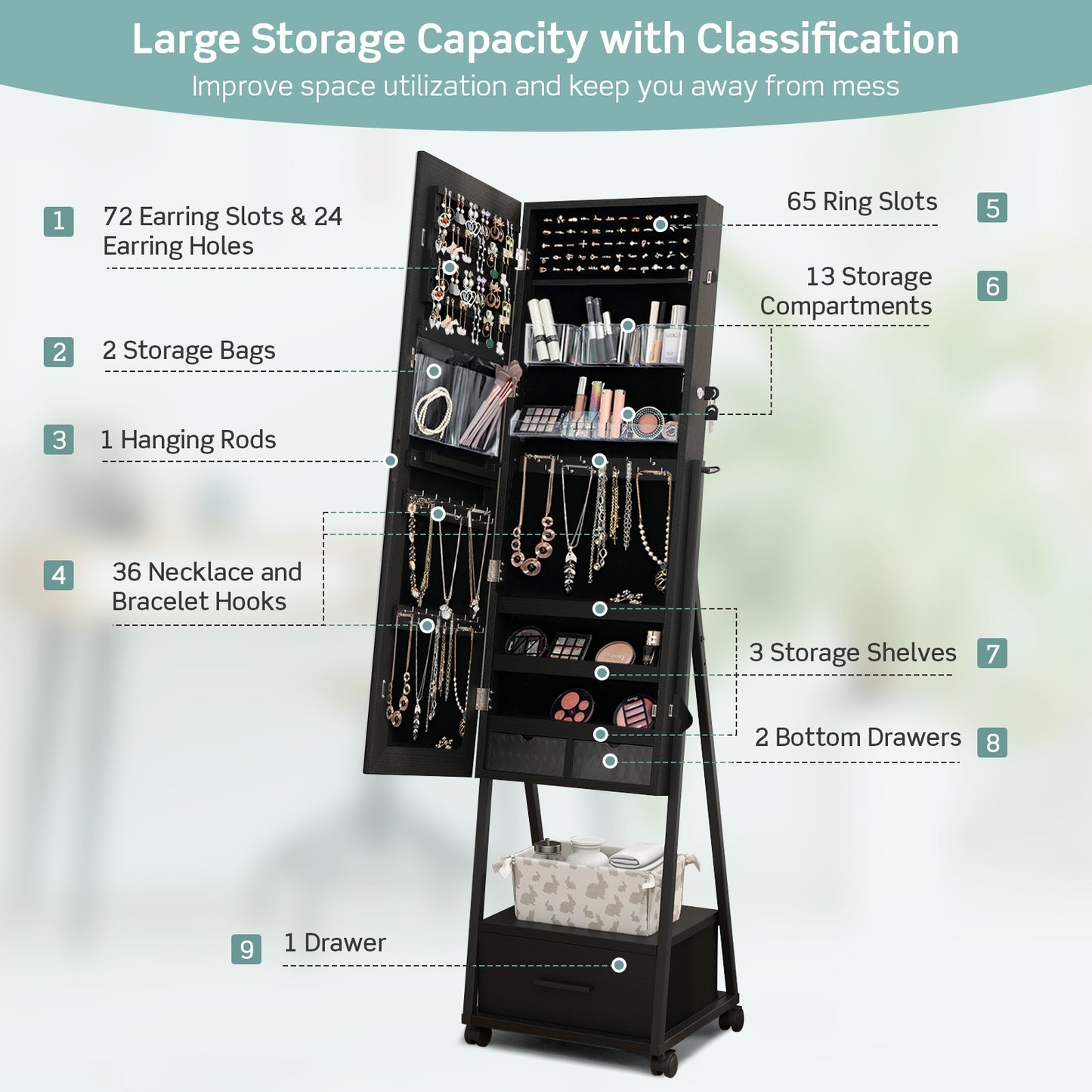 Jewelry Cabinet with Full-Length Mirror-Black Kids Crystal
