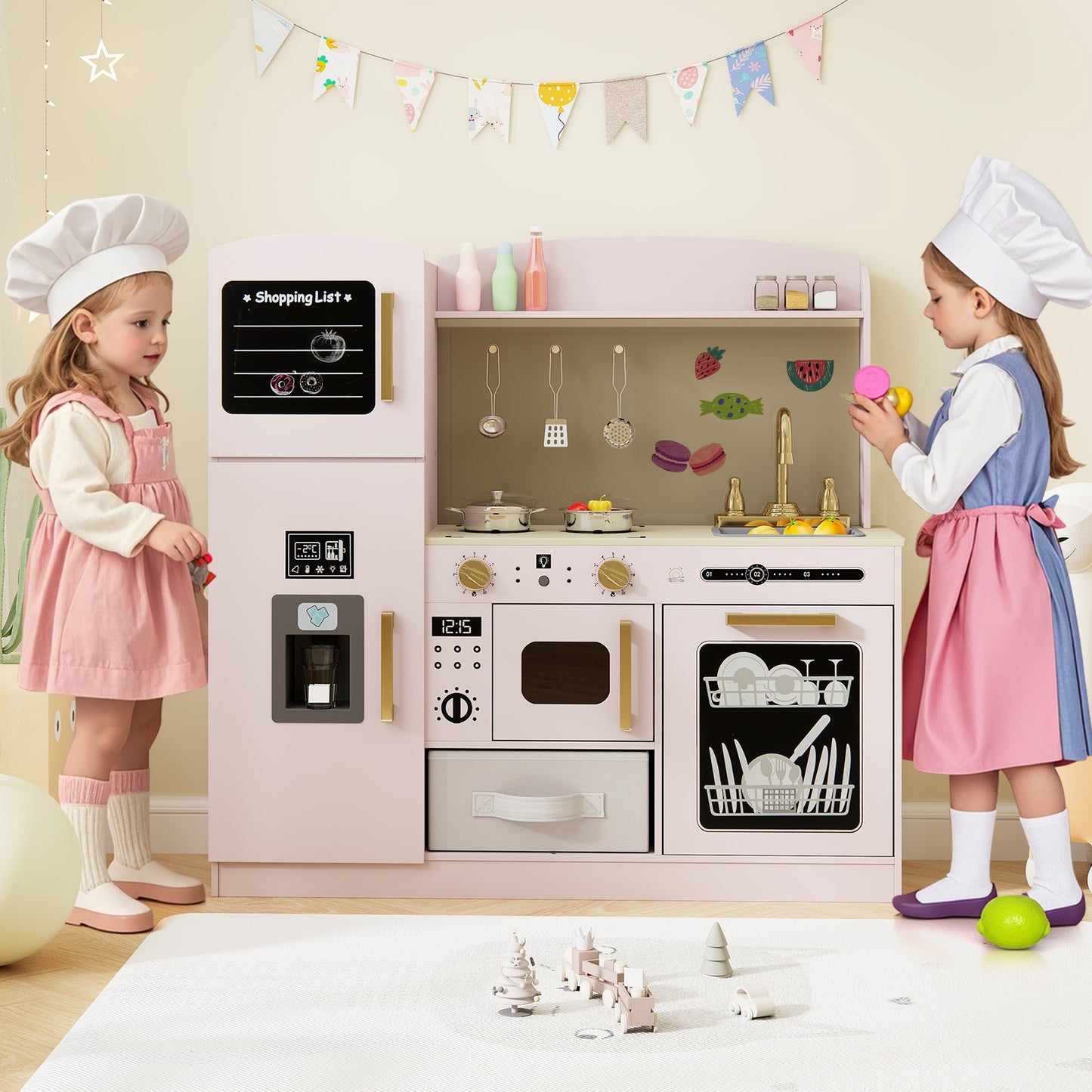 Wooden Kids Kitchen Playset with Chalkboard Ice Maker Sink Lighted Microwave-Pink Kids Crystal