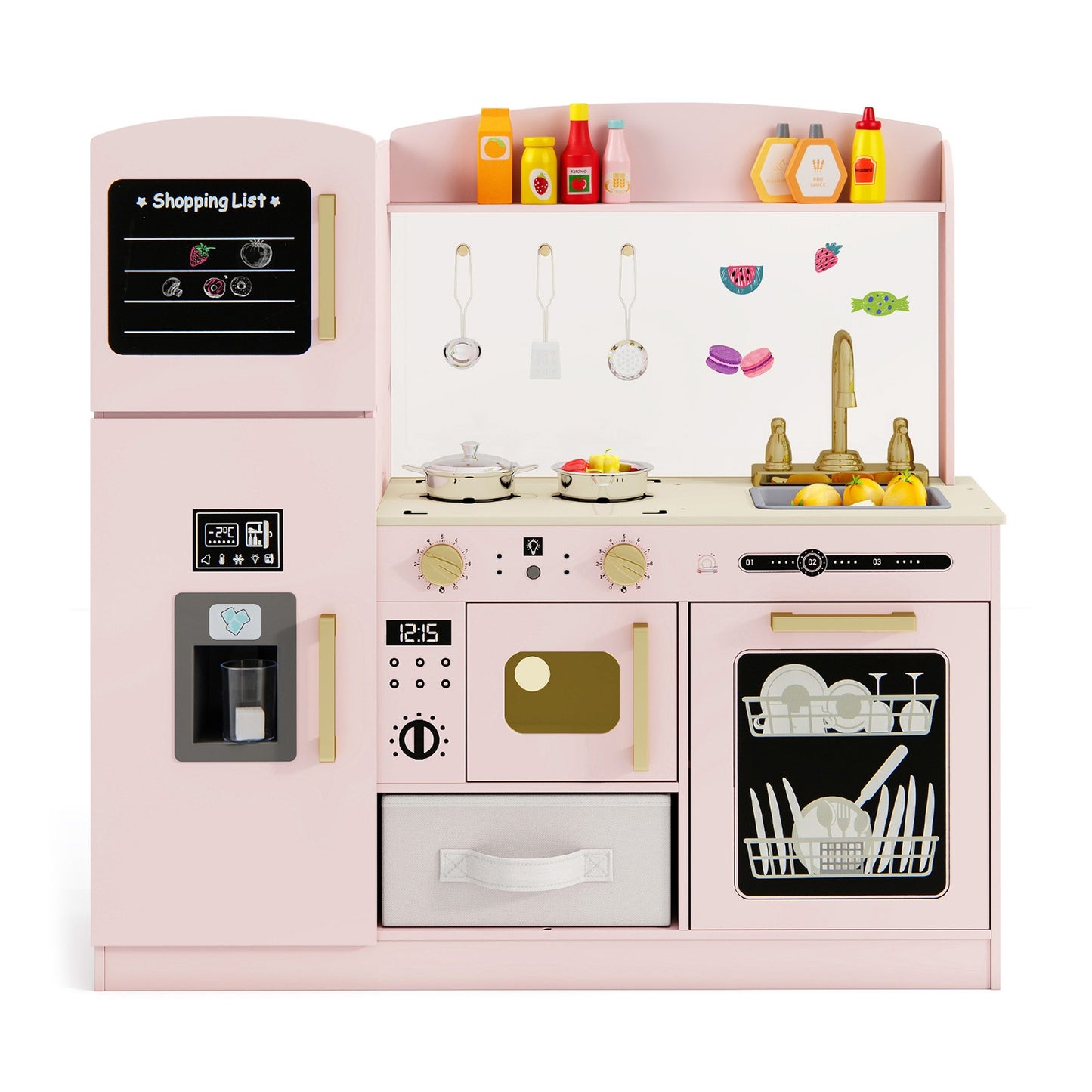 Wooden Kids Kitchen Playset with Chalkboard Ice Maker Sink Lighted Microwave-Pink Kids Crystal