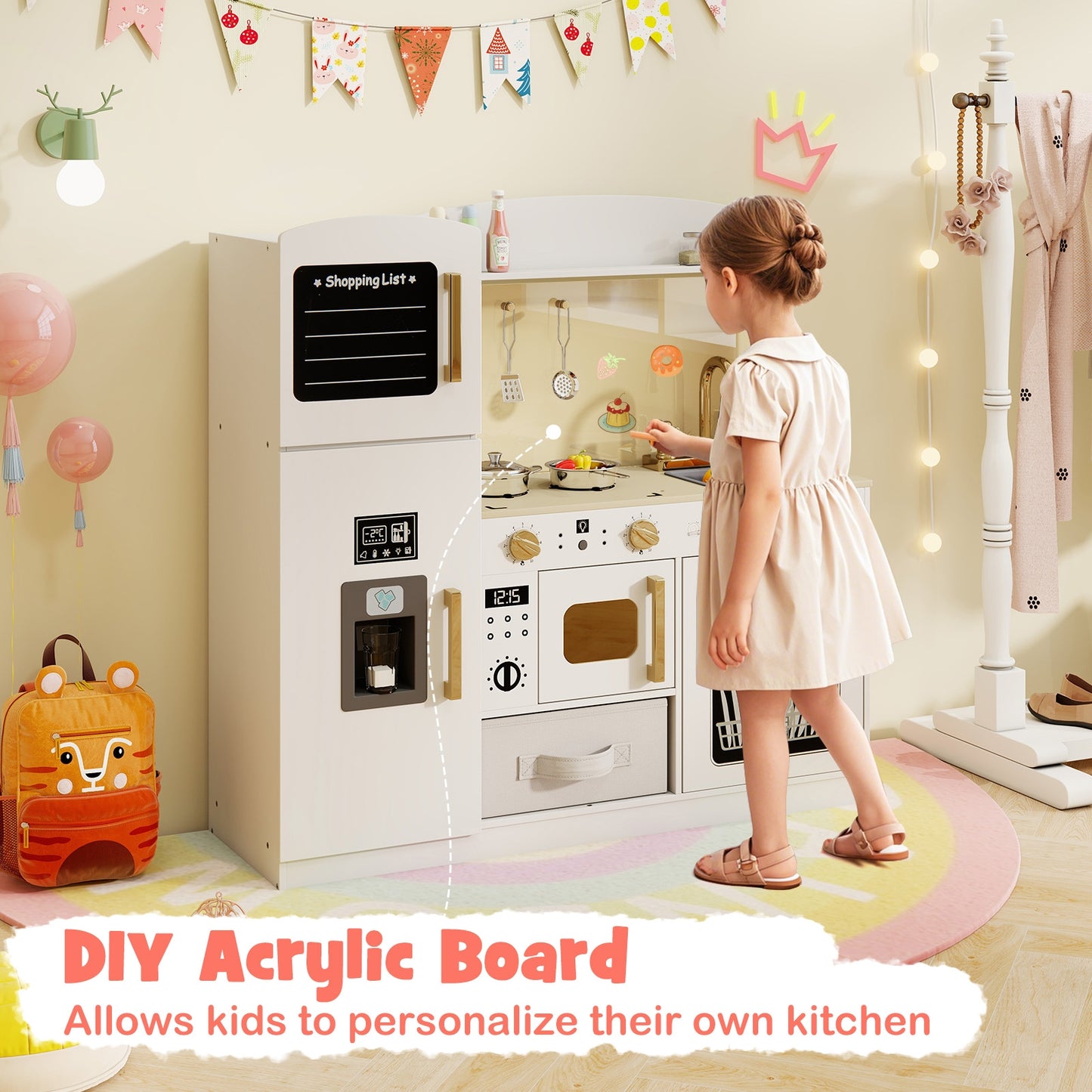Wooden Kids Kitchen Playset with Chalkboard Ice Maker Sink Lighted Microwave-Pink Kids Crystal