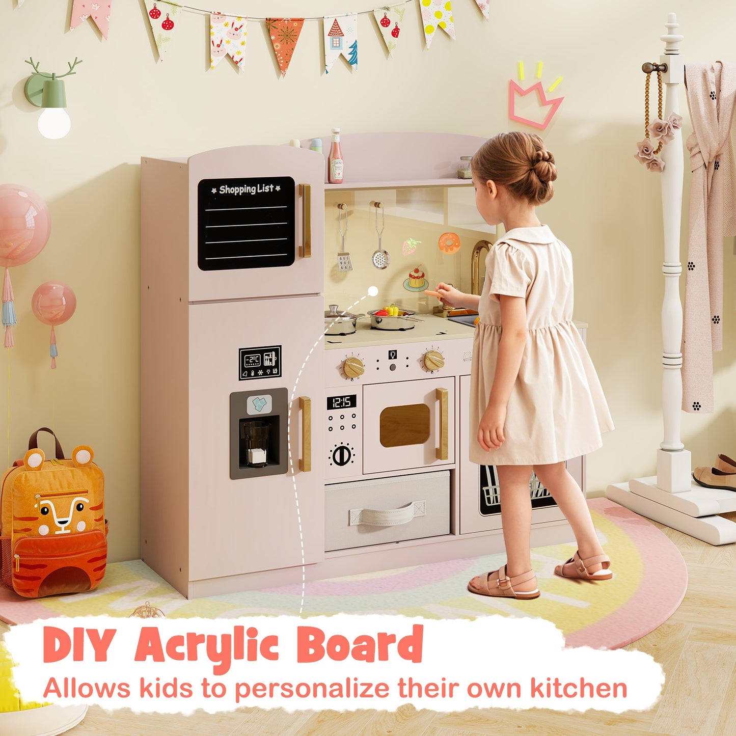 Wooden Kids Kitchen Playset with Chalkboard Ice Maker Sink Lighted Microwave-Pink Kids Crystal