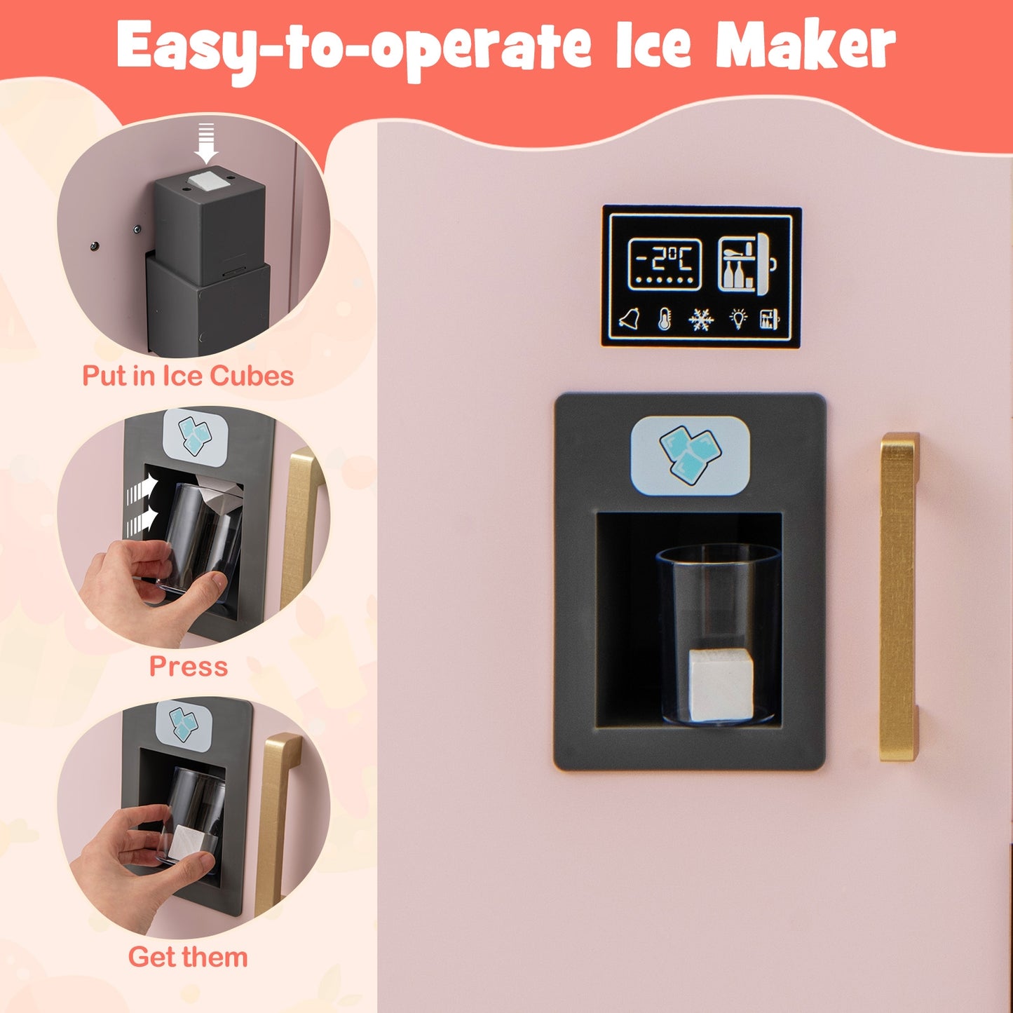 Wooden Kids Kitchen Playset with Chalkboard Ice Maker Sink Lighted Microwave-Pink Kids Crystal