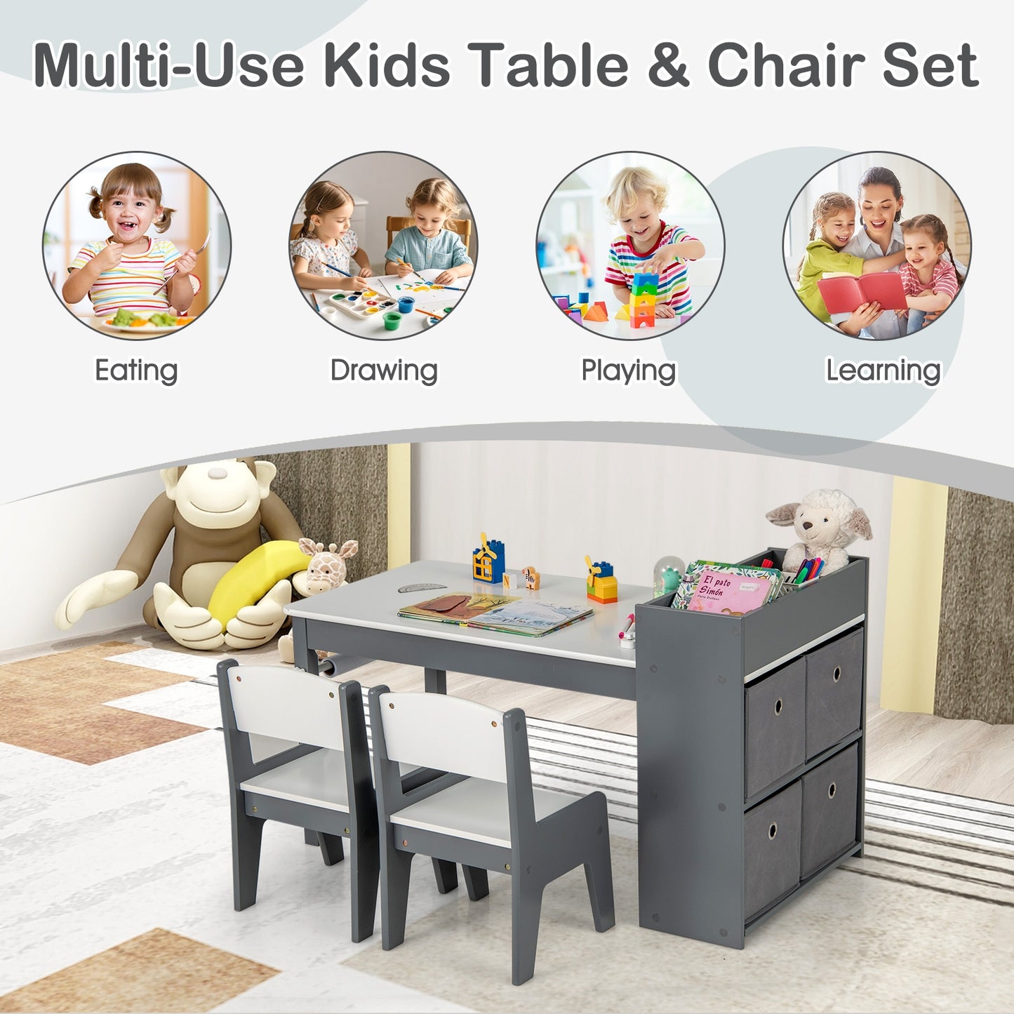Kids Art Table and Chairs Set with 2 Chairs and Paper Roll-Gray Kids Crystal