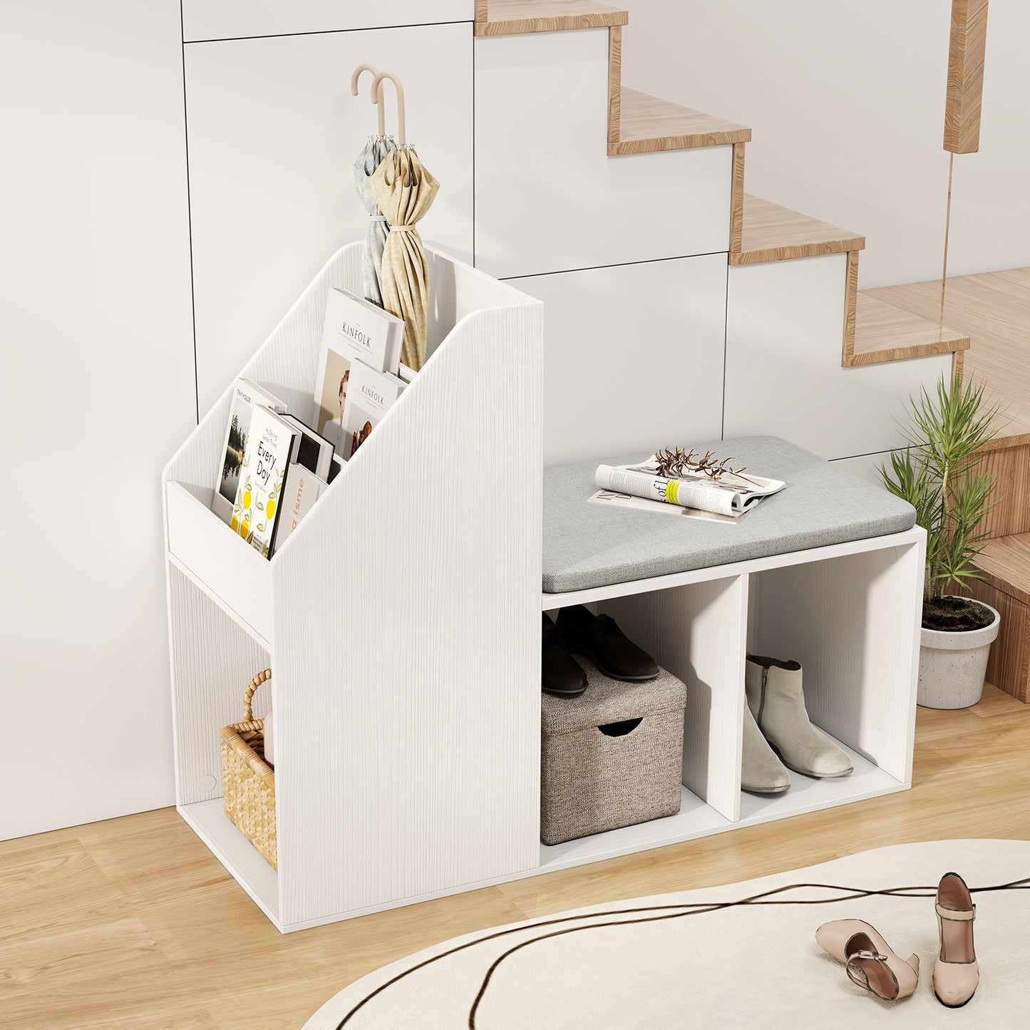 Shoe Storage Bench with Removable Seat Cushion and 6 Storage Compartments-White Kids Crystal