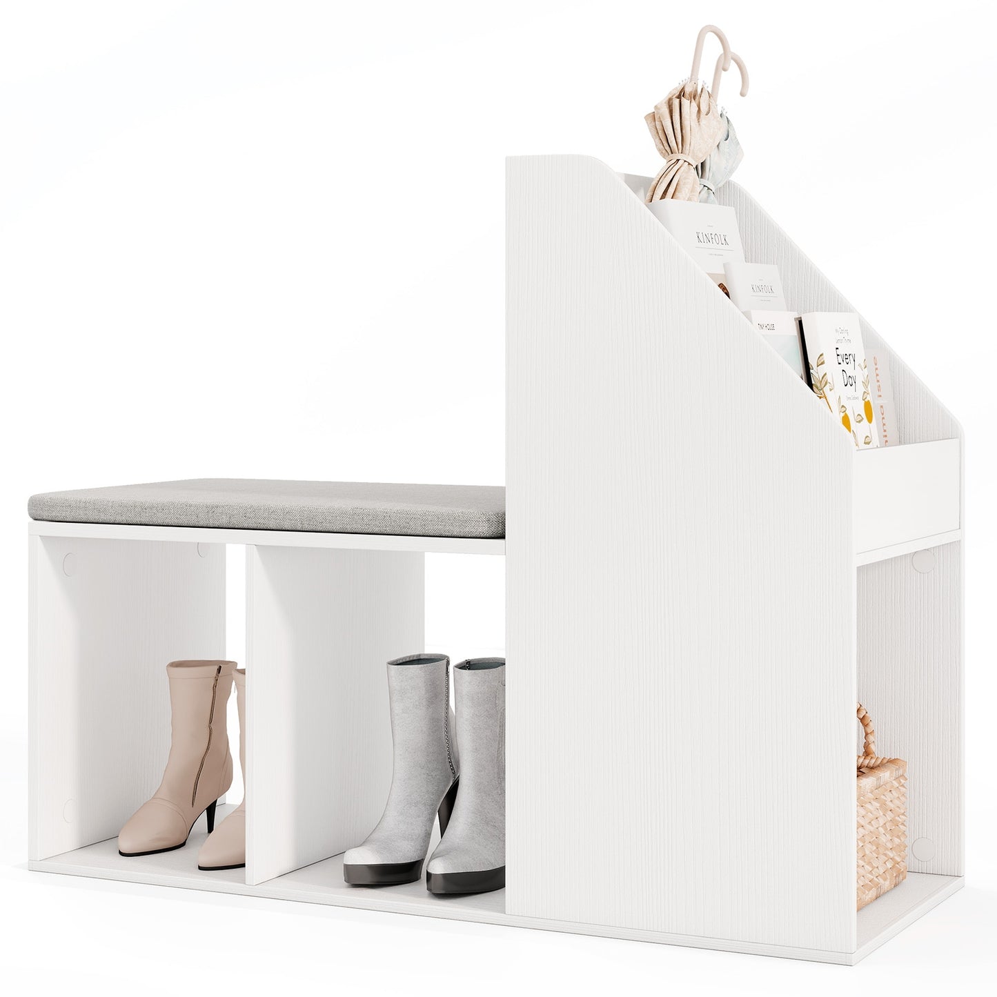 Shoe Storage Bench with Removable Seat Cushion and 6 Storage Compartments-White Kids Crystal