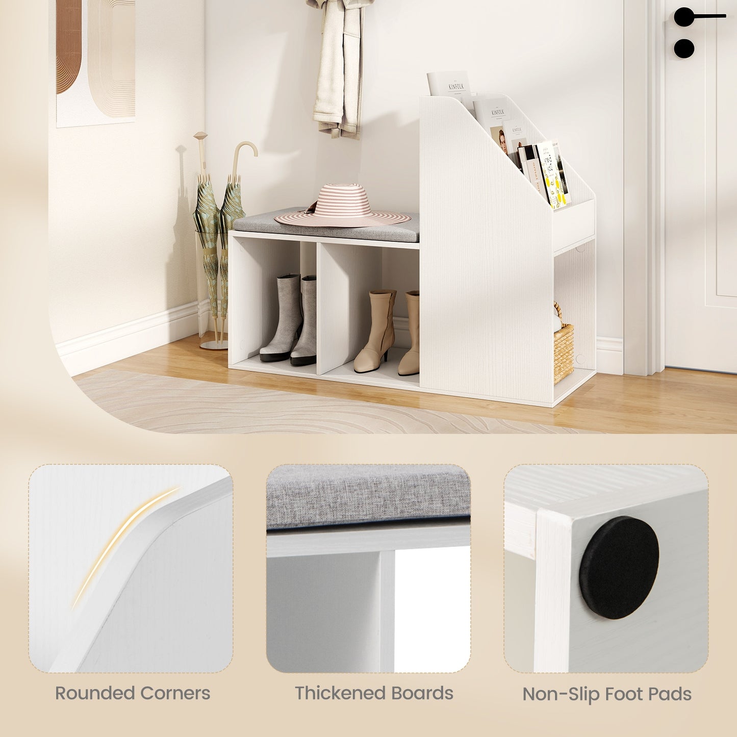 Shoe Storage Bench with Removable Seat Cushion and 6 Storage Compartments-White Kids Crystal