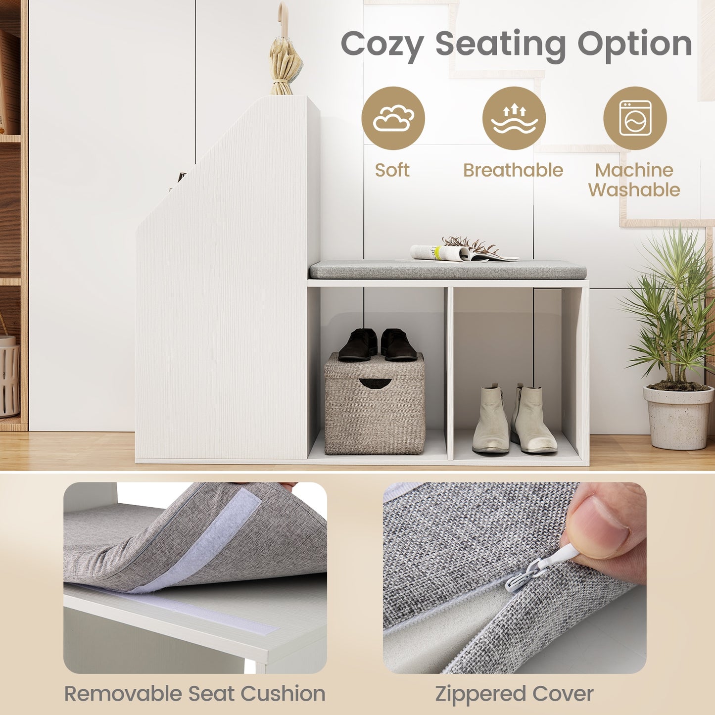 Shoe Storage Bench with Removable Seat Cushion and 6 Storage Compartments-White Kids Crystal