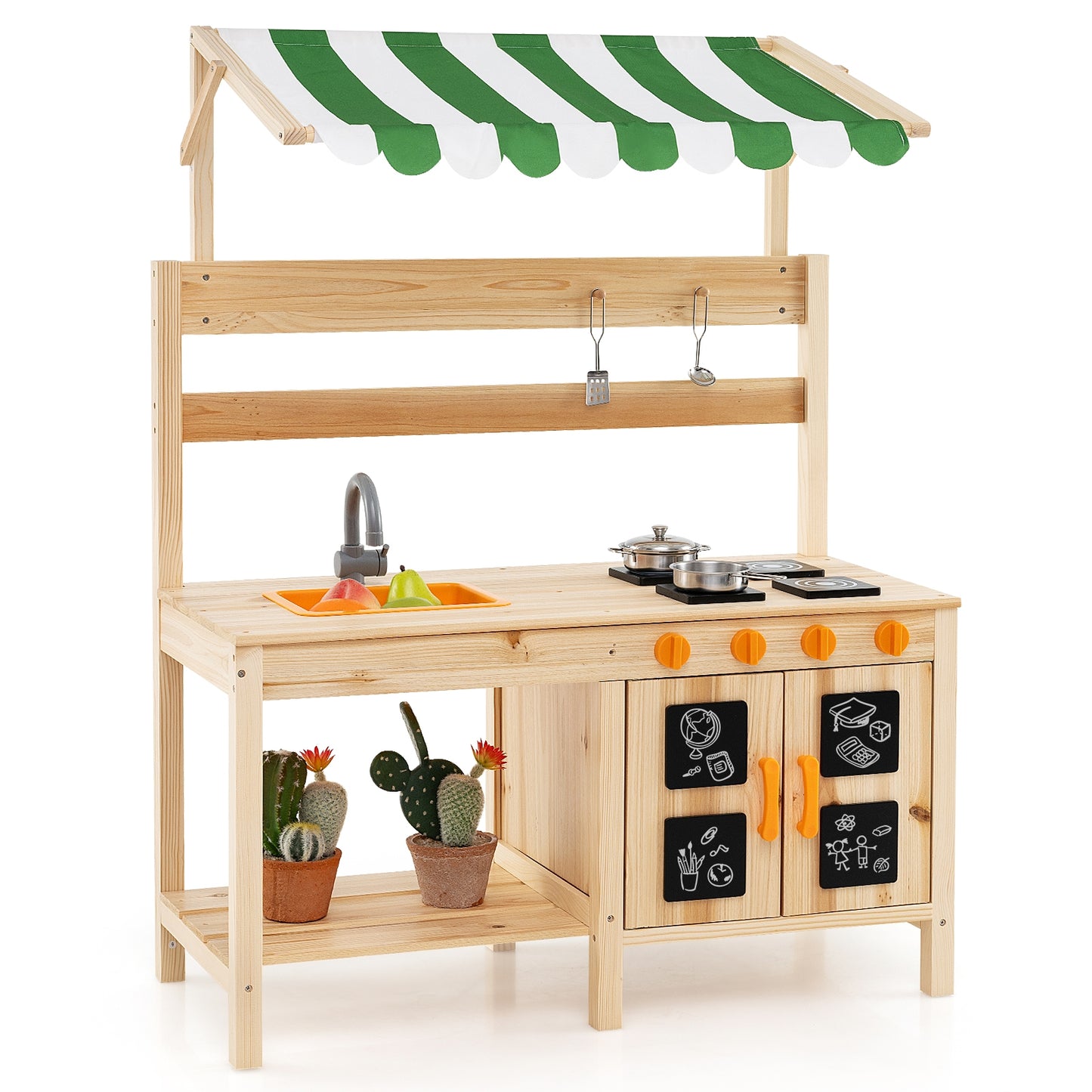 Mud Kitchen Fir Wood Play Kitchen with Canopy and Sink and 4 Stoves-Natural Kids Crystal